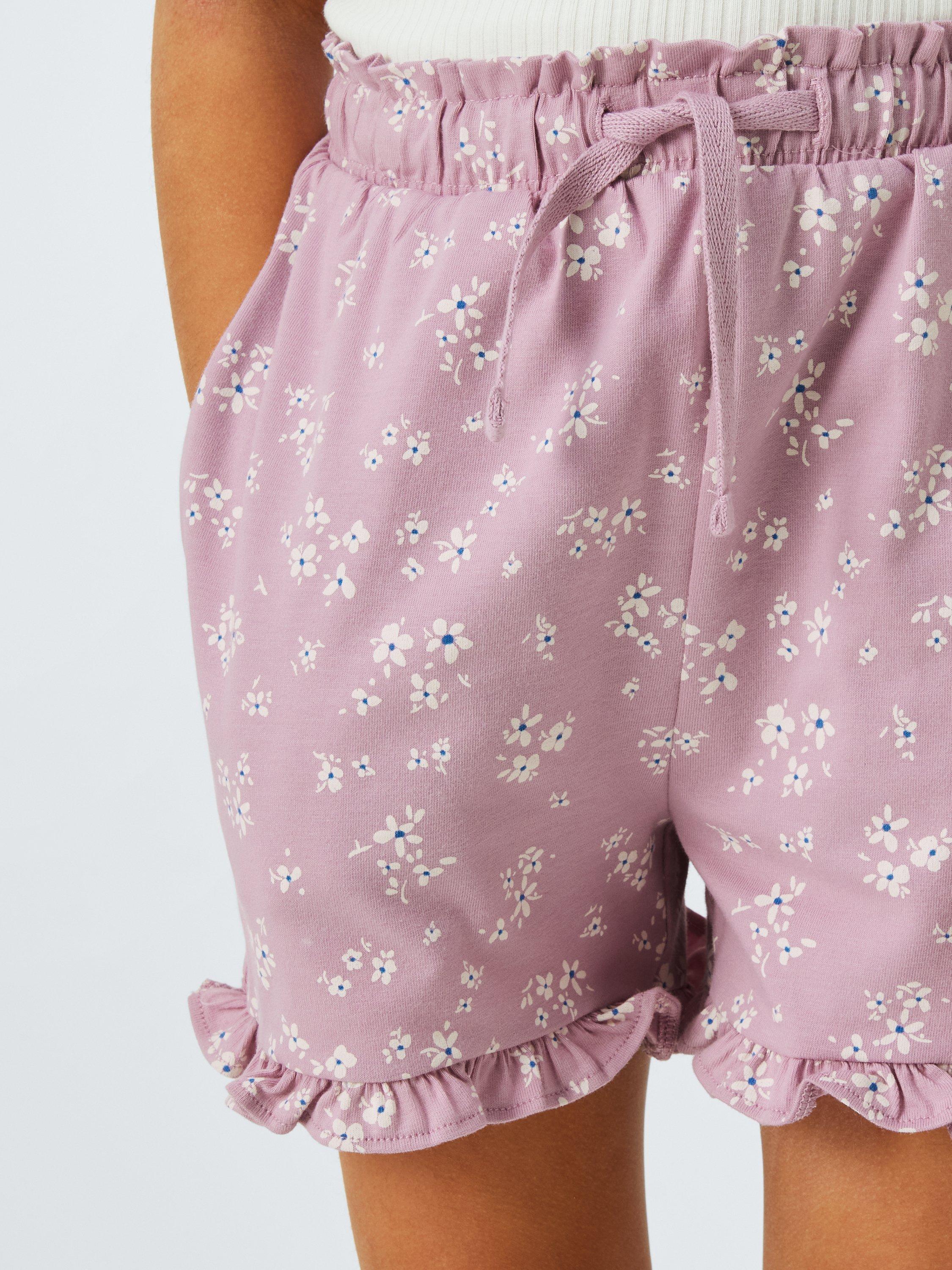 Product image 6 of 6, which shows John Lewis Kids' Stripe/Floral Frill Hem Jersey Shorts, Pack of 2, Pink Navy Mix, 2 years