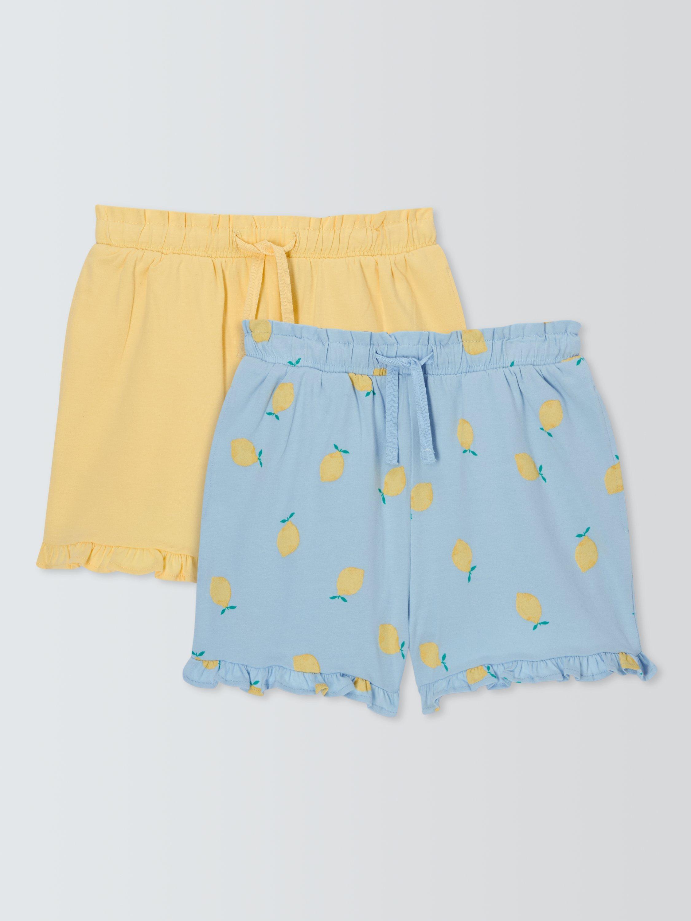 Product image 1 of 6, which shows John Lewis Kids' Plain/Lemon Frill Hem Shorts, Pack of 2, Blue Yellow Mix, 3 years