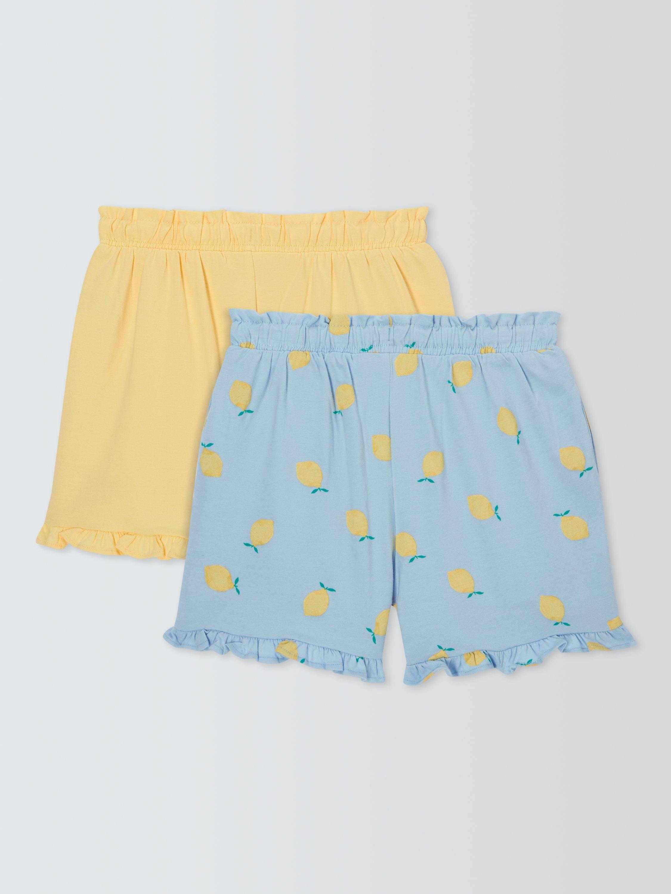 Product image 2 of 6, which shows John Lewis Kids' Plain/Lemon Frill Hem Shorts, Pack of 2, Blue Yellow Mix, 3 years