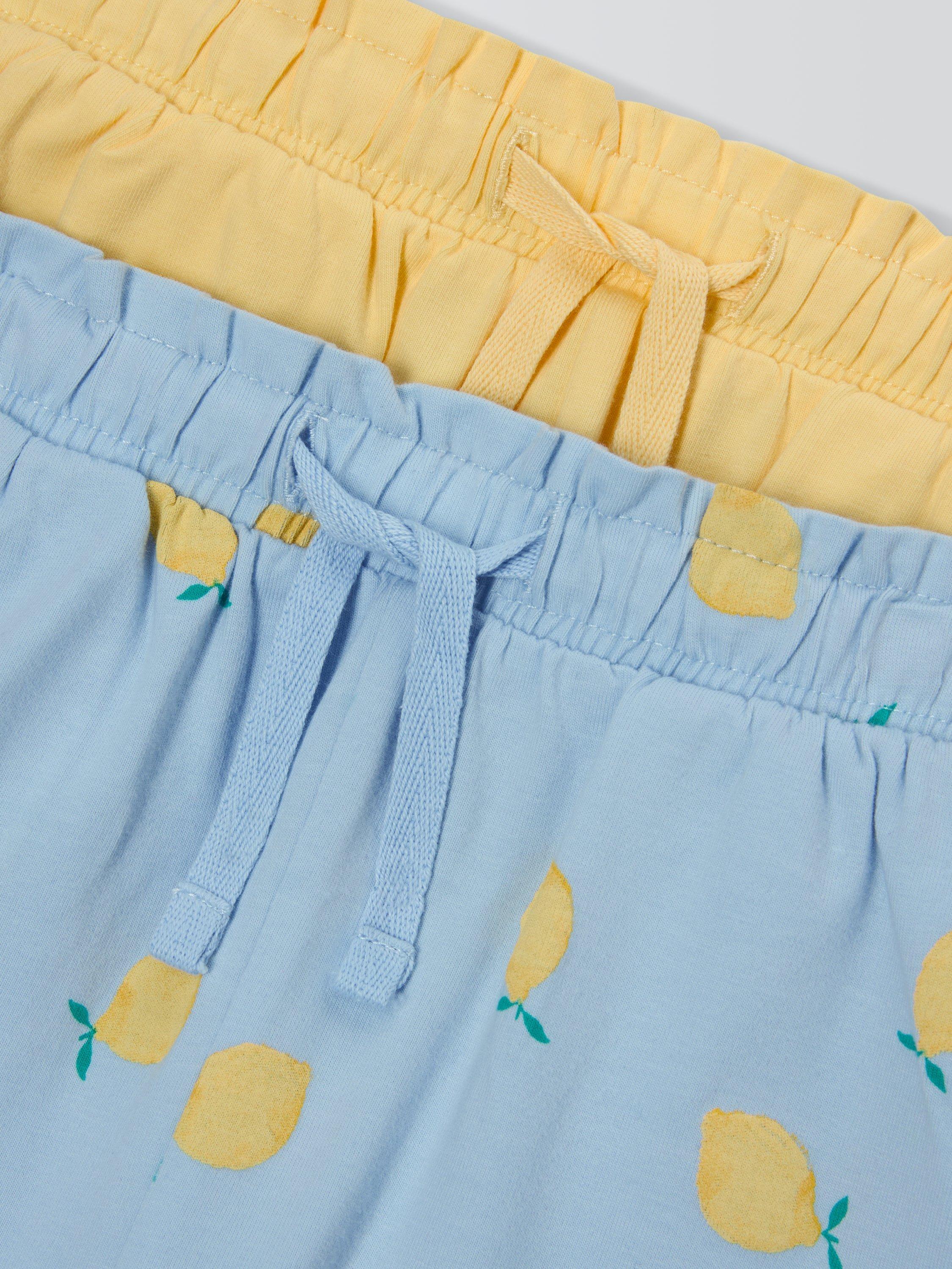 Product image 3 of 6, which shows John Lewis Kids' Plain/Lemon Frill Hem Shorts, Pack of 2, Blue Yellow Mix, 3 years