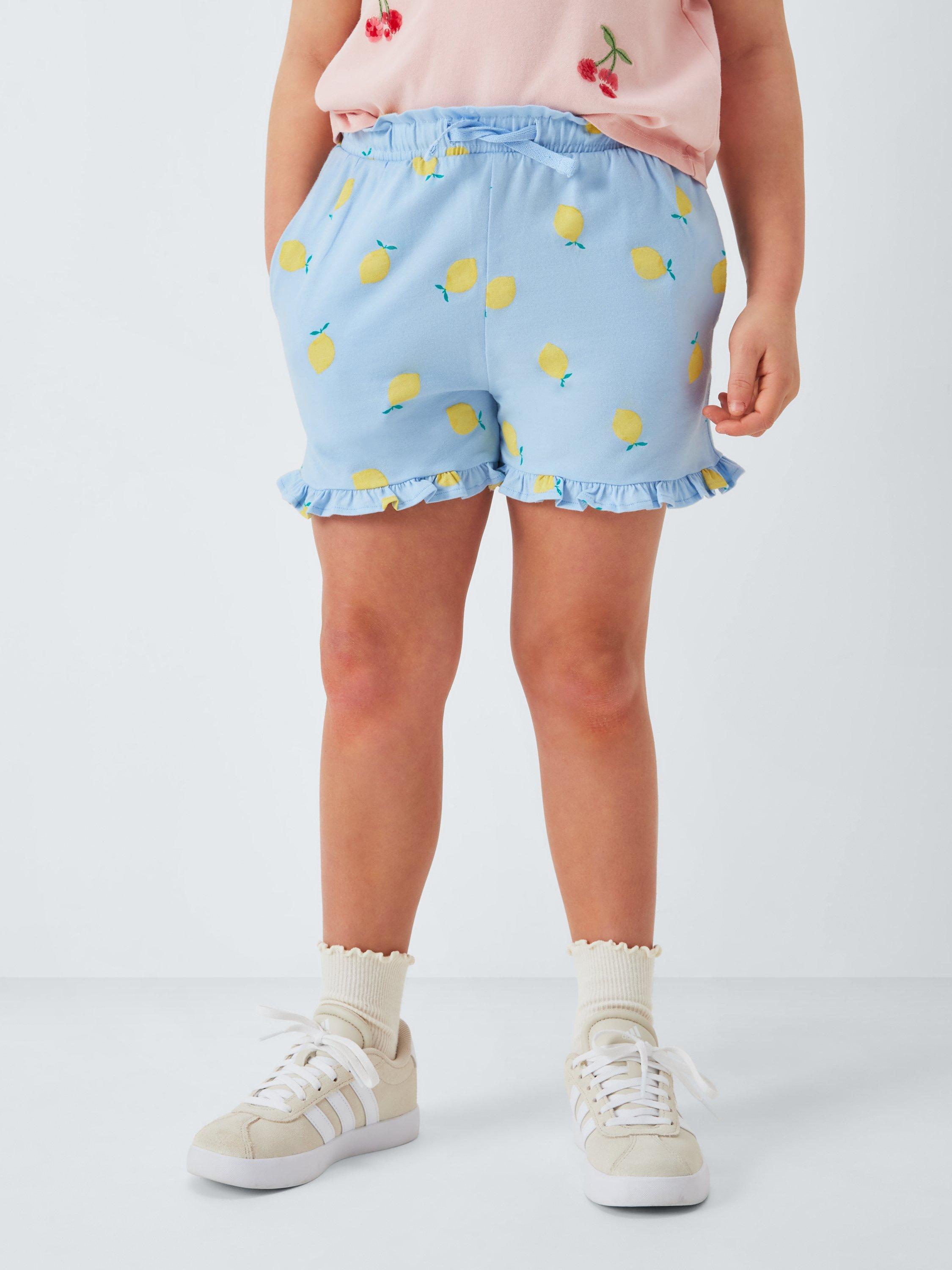 Product image 4 of 6, which shows John Lewis Kids' Plain/Lemon Frill Hem Shorts, Pack of 2, Blue Yellow Mix, 3 years