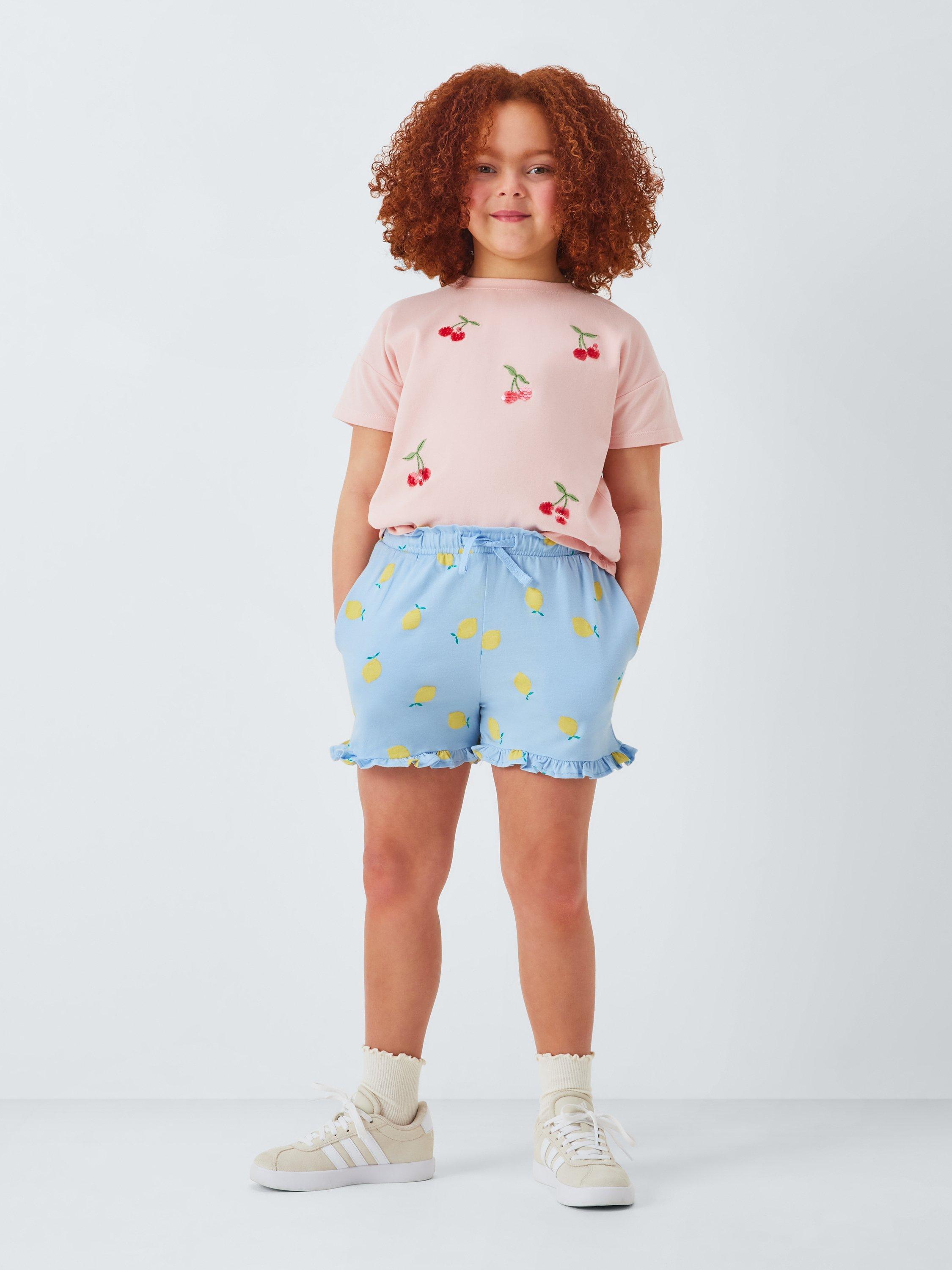 Product image 5 of 6, which shows John Lewis Kids' Plain/Lemon Frill Hem Shorts, Pack of 2, Blue Yellow Mix, 3 years