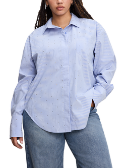 Good American Crystal Cotton Poplin Blend Striped Good Shirt, Blue, Blue