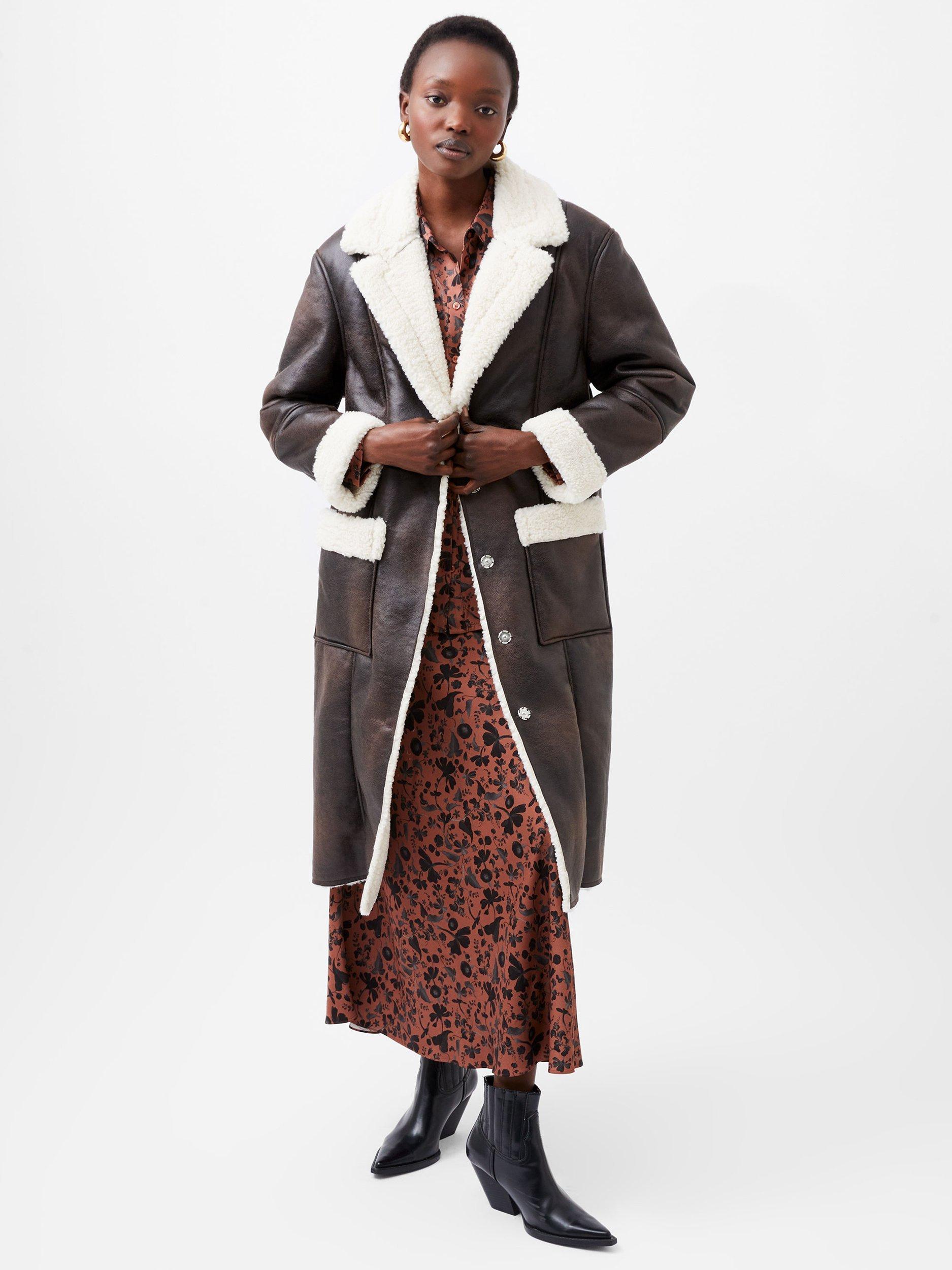 Product image 2 of 7, which shows French Connection Arizona Faux Shearling Coat, Chocolate, 6