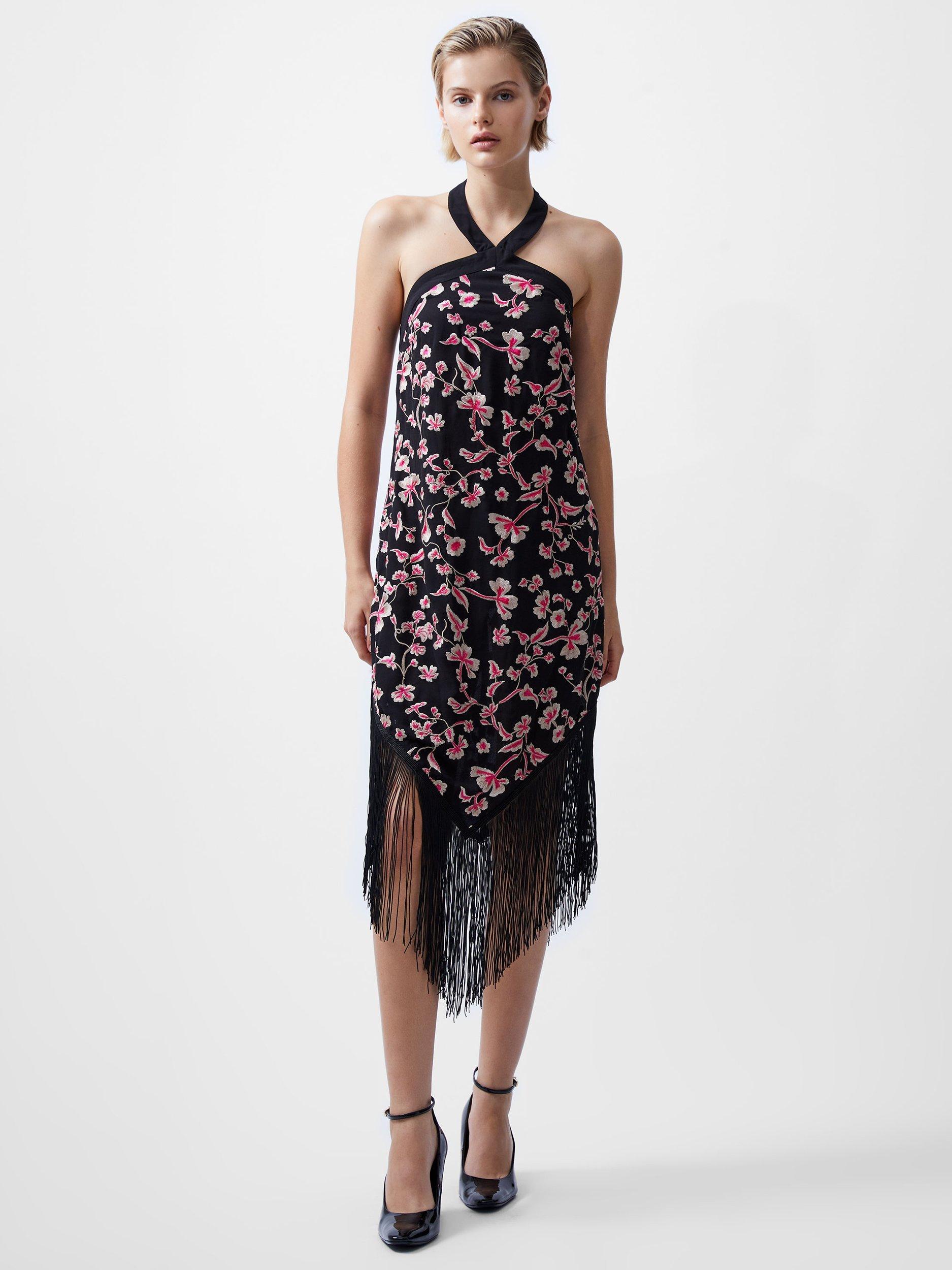 French Connection Bryony Embroidered Fringe Dress, Black/Multi