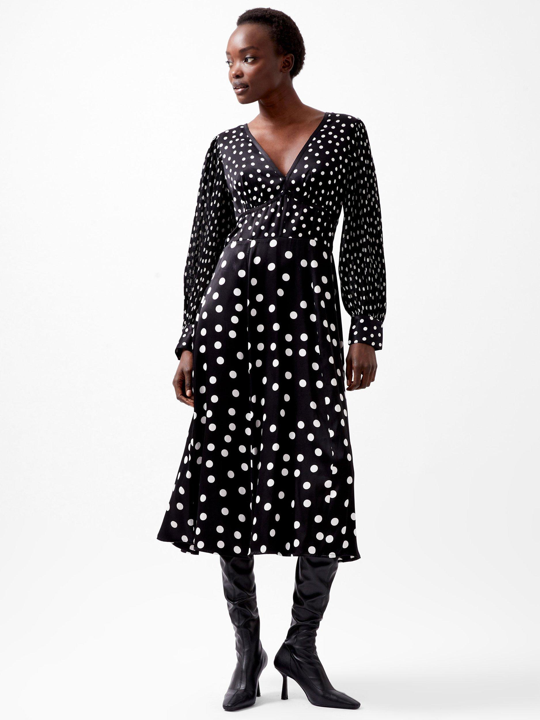 French Connection Polka Dot Candice Satin Dress, Black/White