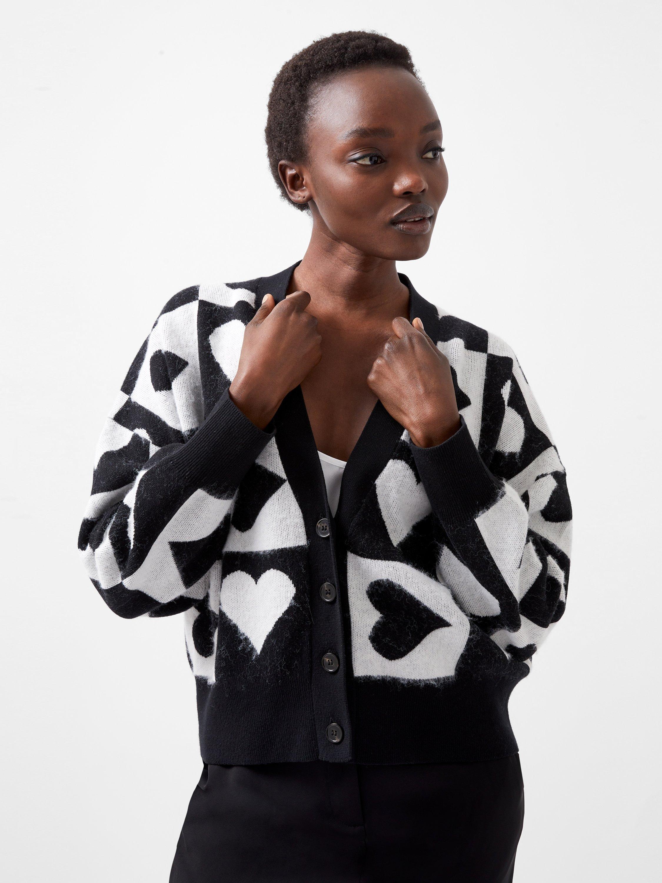 French Connection Julianna Heart Cardigan, Black/White