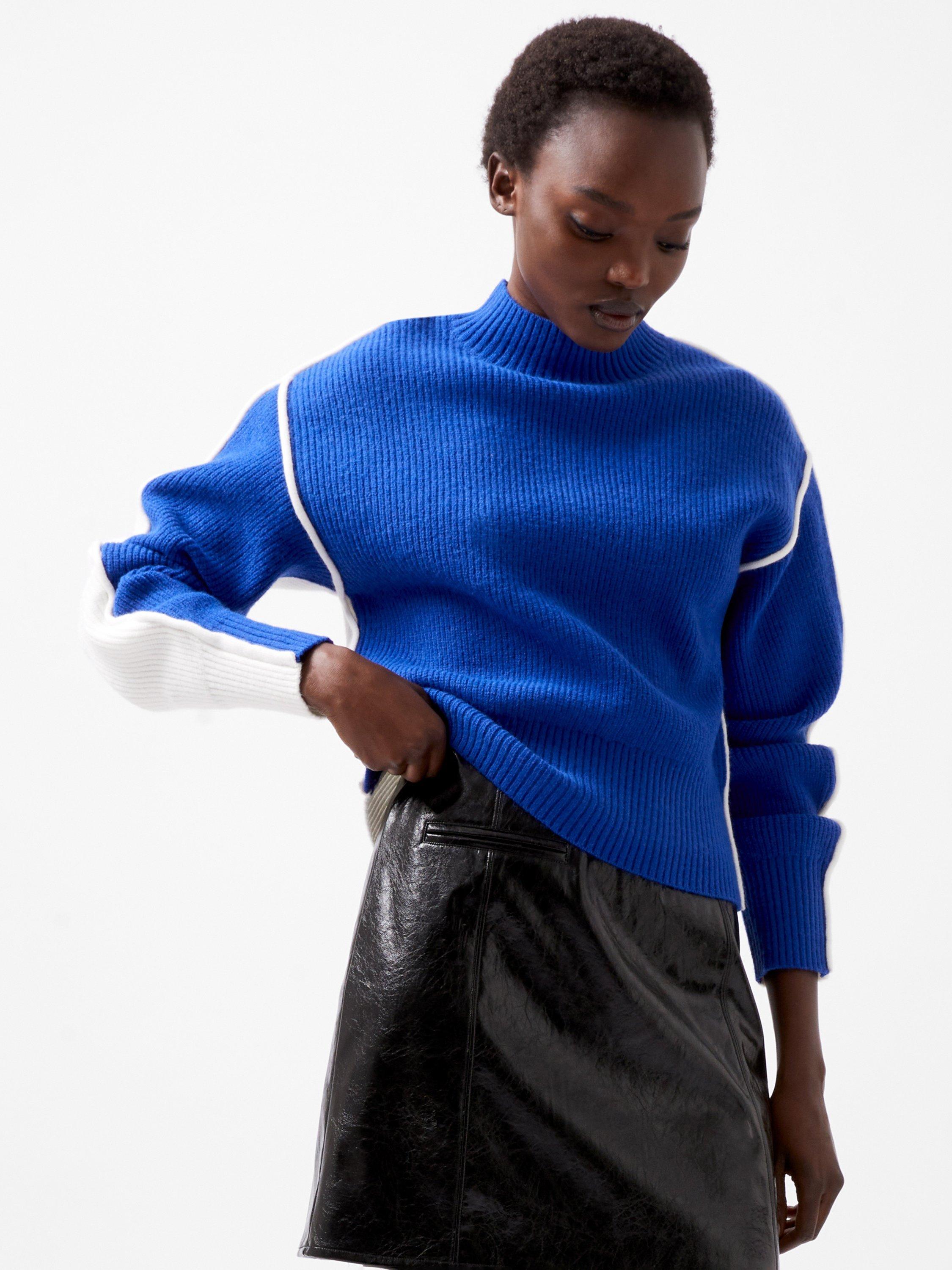 French Connection Lorena Colour Contrast Jumper, Chroma Blue/Winter White