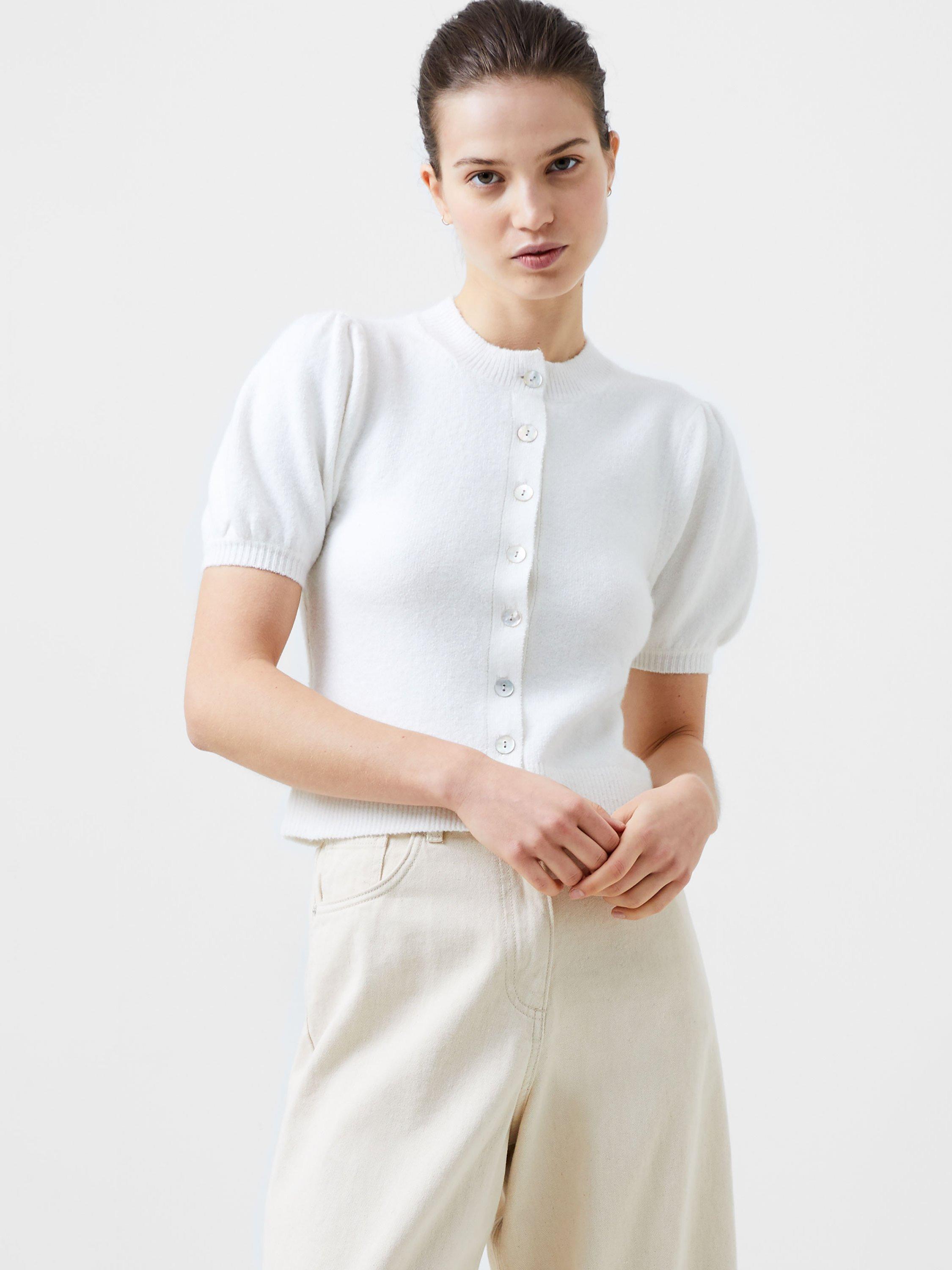 French Connection Vhari Puff Sleeve Cardigan, Winter White