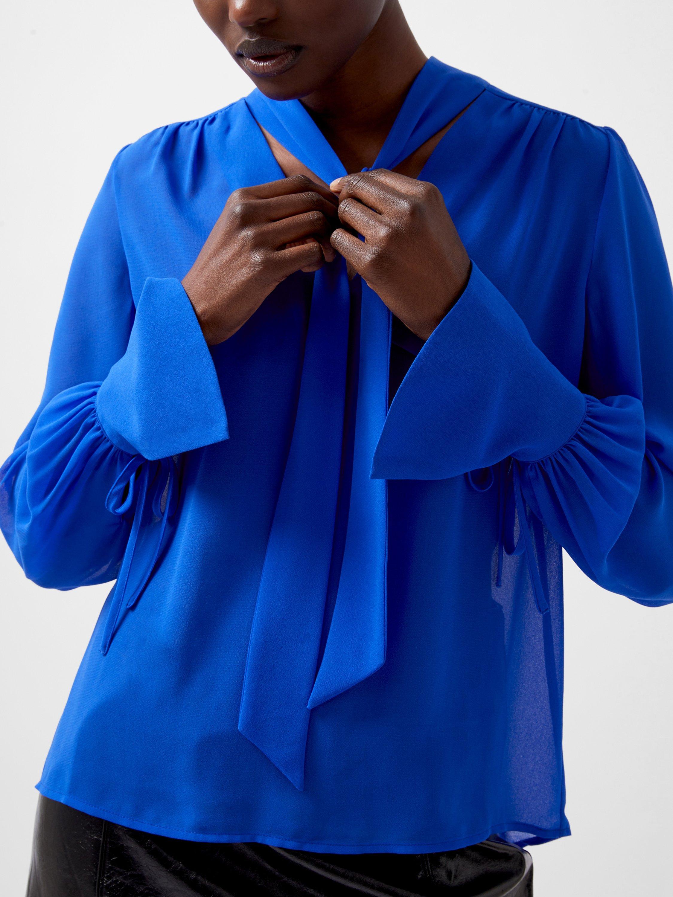 French Connection Eden Georgette Tie Neck Blouse, Chroma Blue