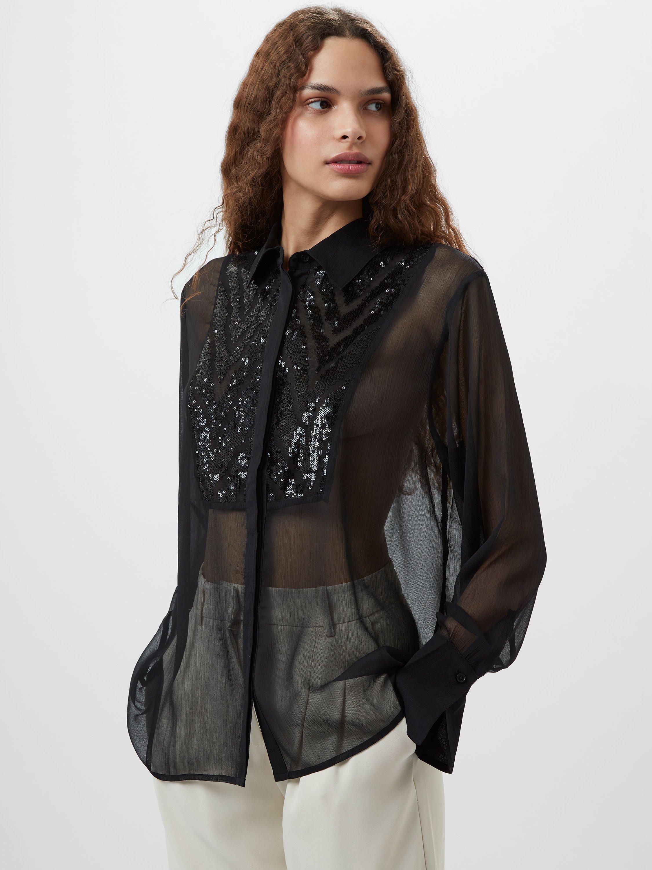 French Connection Hana Adalynn Sequin Bib Shirt, Blackout