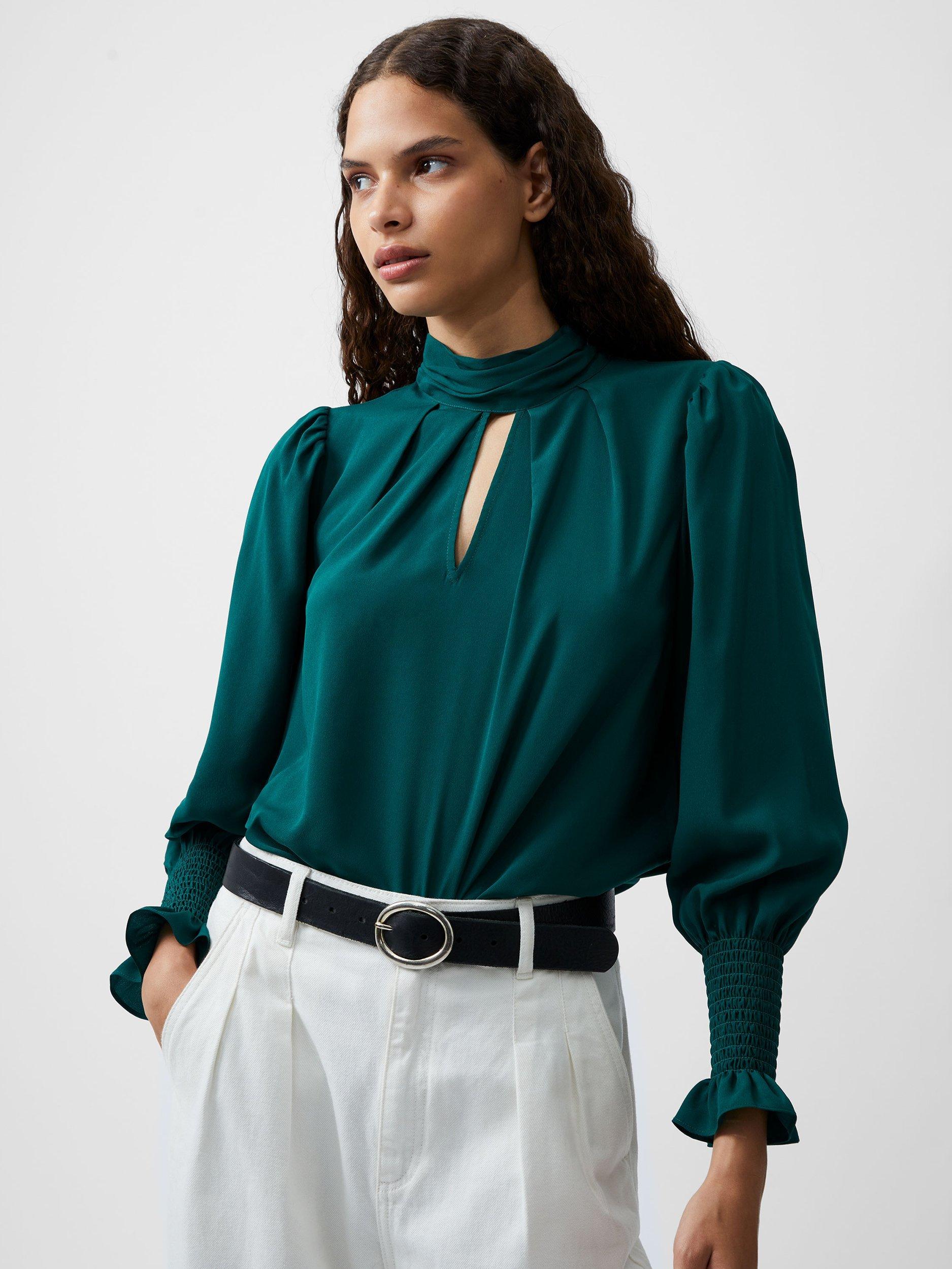 French Connection Crepe Light High Neck Long Sleeve Top, Forest Green