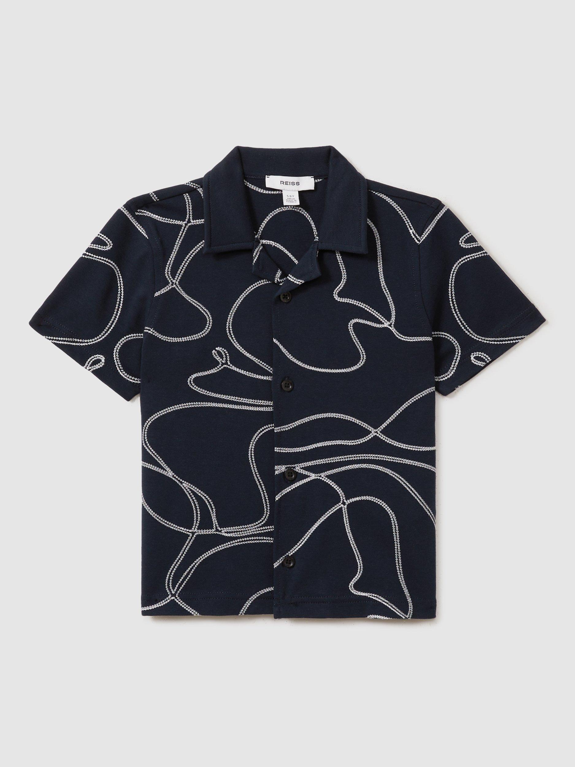 Reiss Kids' Menton Embroidered Short Sleeve Shirt, Navy