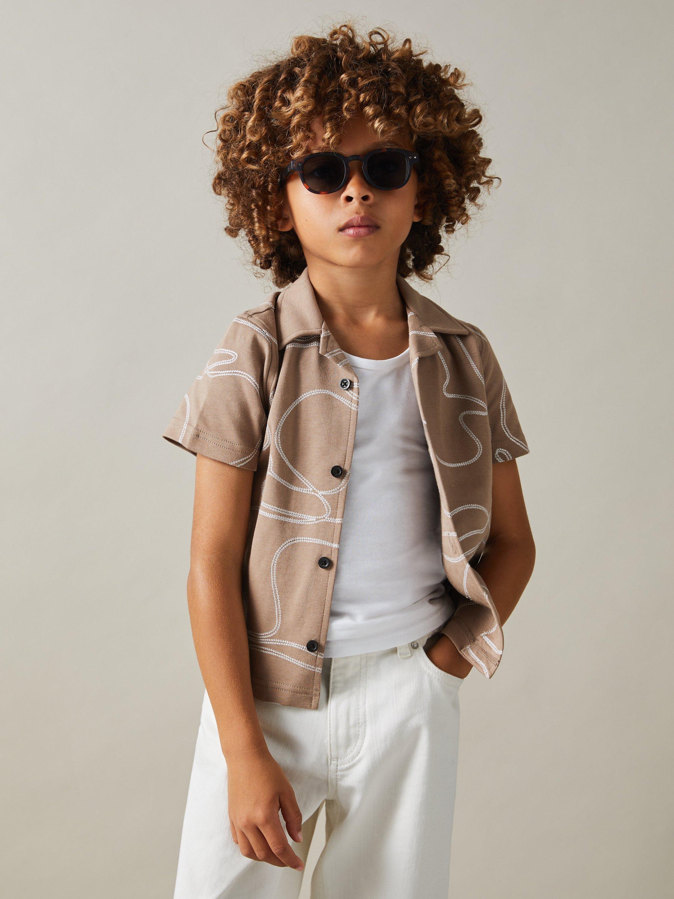 Reiss Kids' Menton Embroidered Short Sleeve Shirt, Taupe