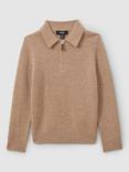 Reiss Kids' Regis Wool Half Zip Polo Shirt, Soft Camel Brown