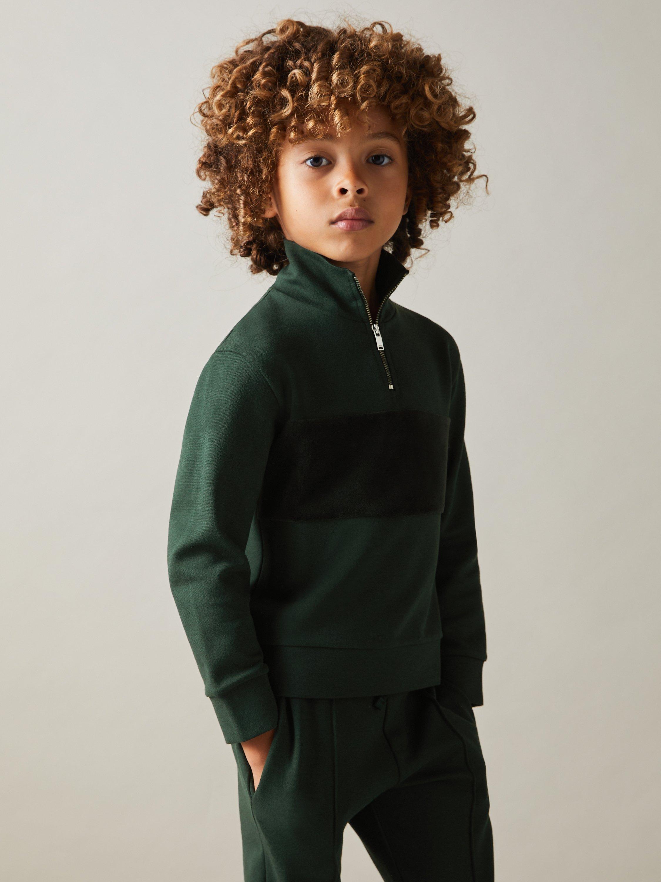 Product image 3 of 4, which shows Reiss Kids' Selin Half Zip Stripe Jumper, Emerald Green, 13-14 years