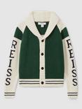 Reiss Kids' Huston Wool Blend Varsity Cardigan, Green/Off White