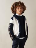 Reiss Kids' Huston Knitted Varsity Cardigan, Off White/Navy