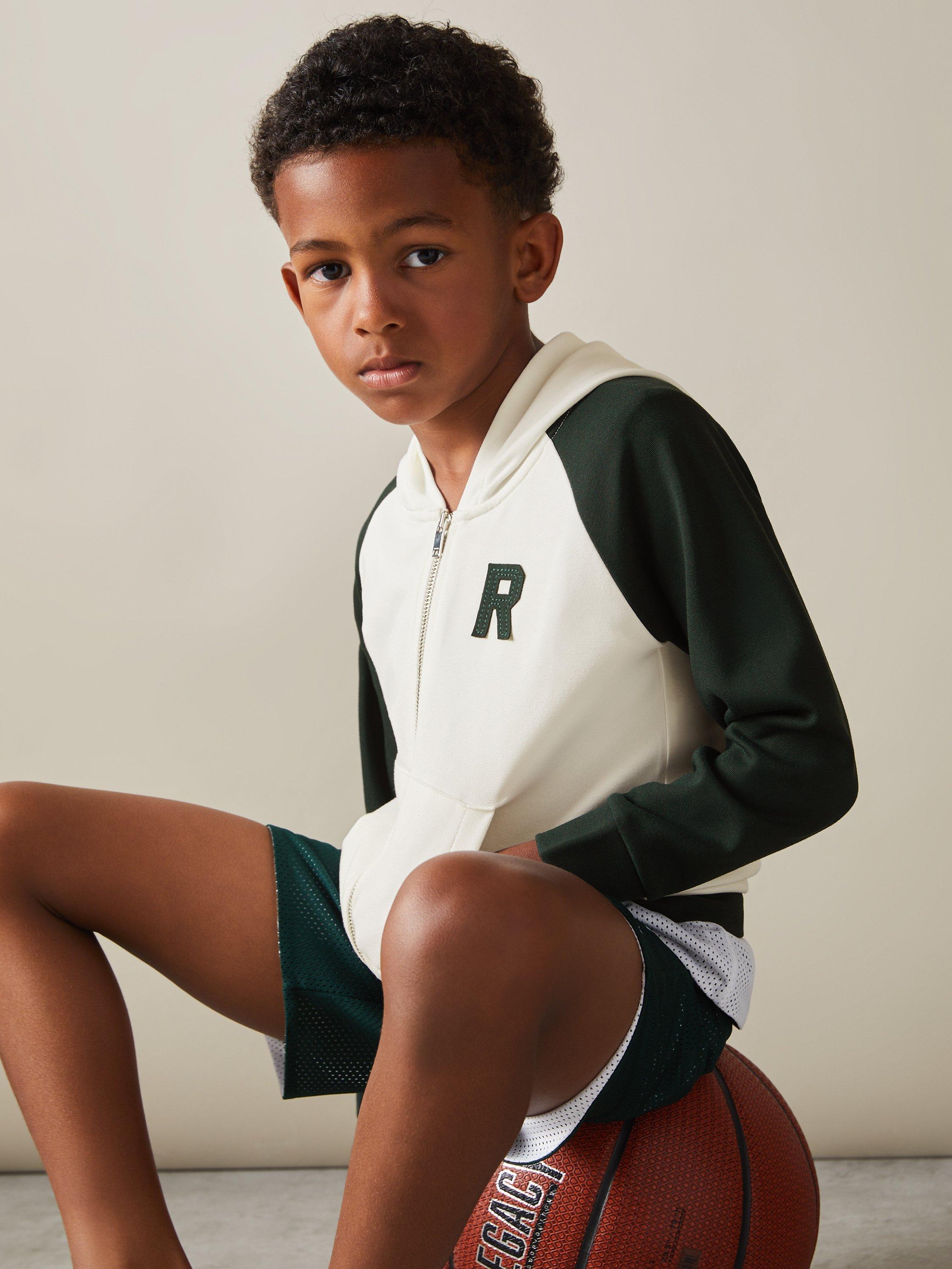 Reiss Kids' Austin Colour Block Zipped Hoodie, White/Emerald Green