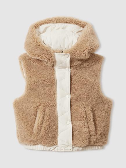 Reiss Kids' Kara Faux Teddy Hooded Gilet, Brown - view 2, Brown