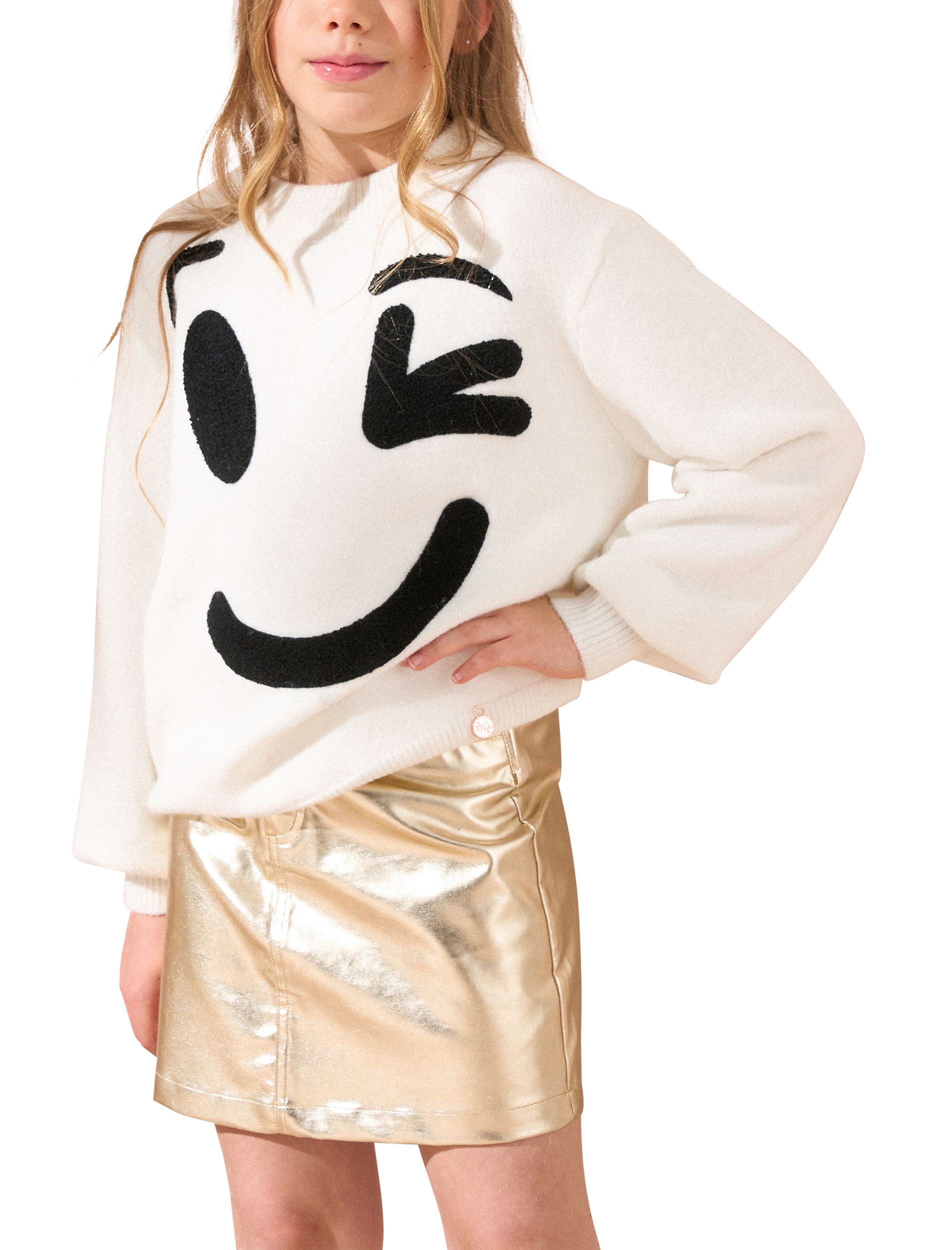 Product image 1 of 6, which shows Angel & Rocket Kids' Smiley Face Jumper, Ivory/Black, 3-4 years