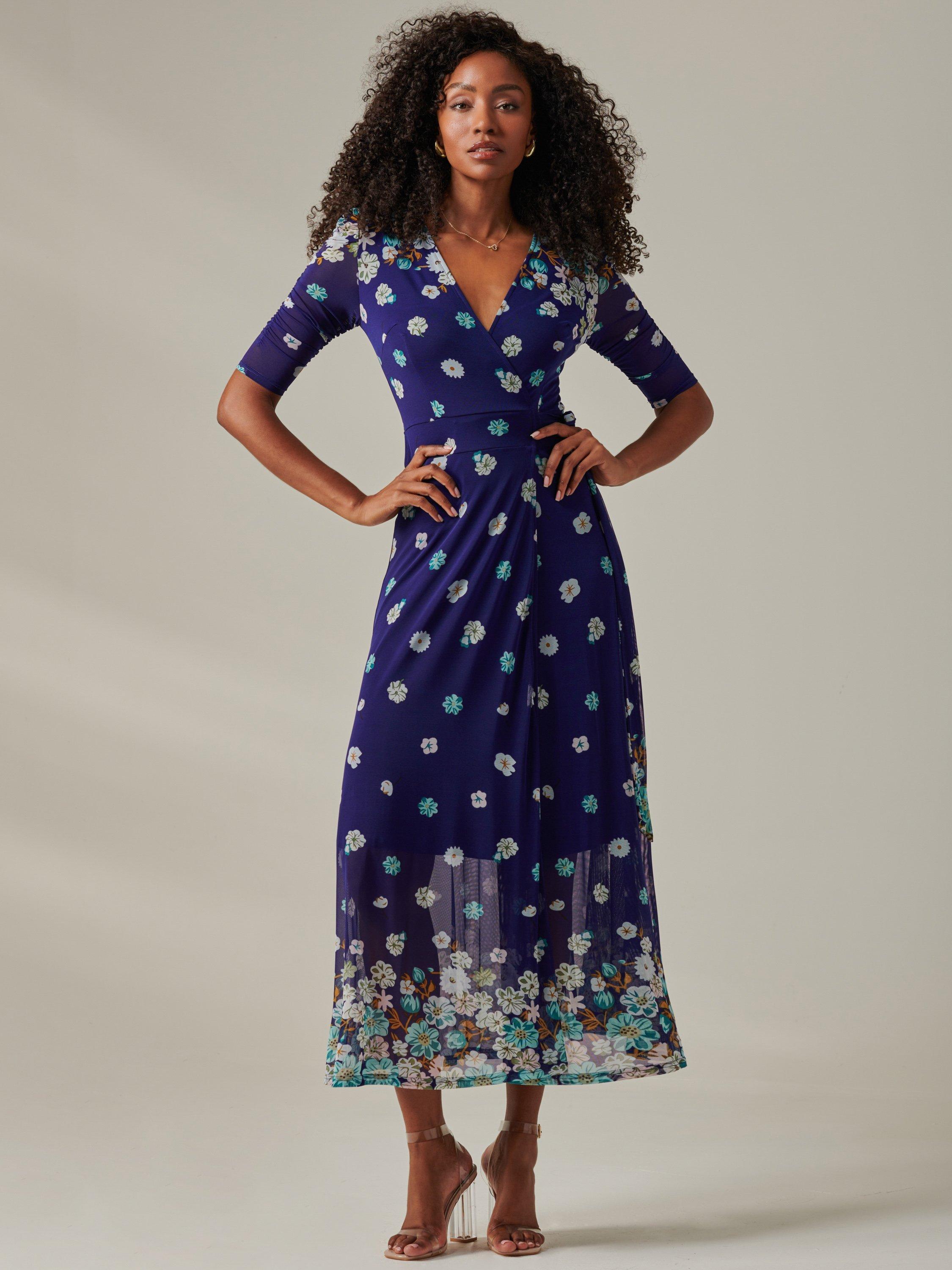 Jolie Moi Stella Floral Print Wrap Mesh Maxi Dress, Navy