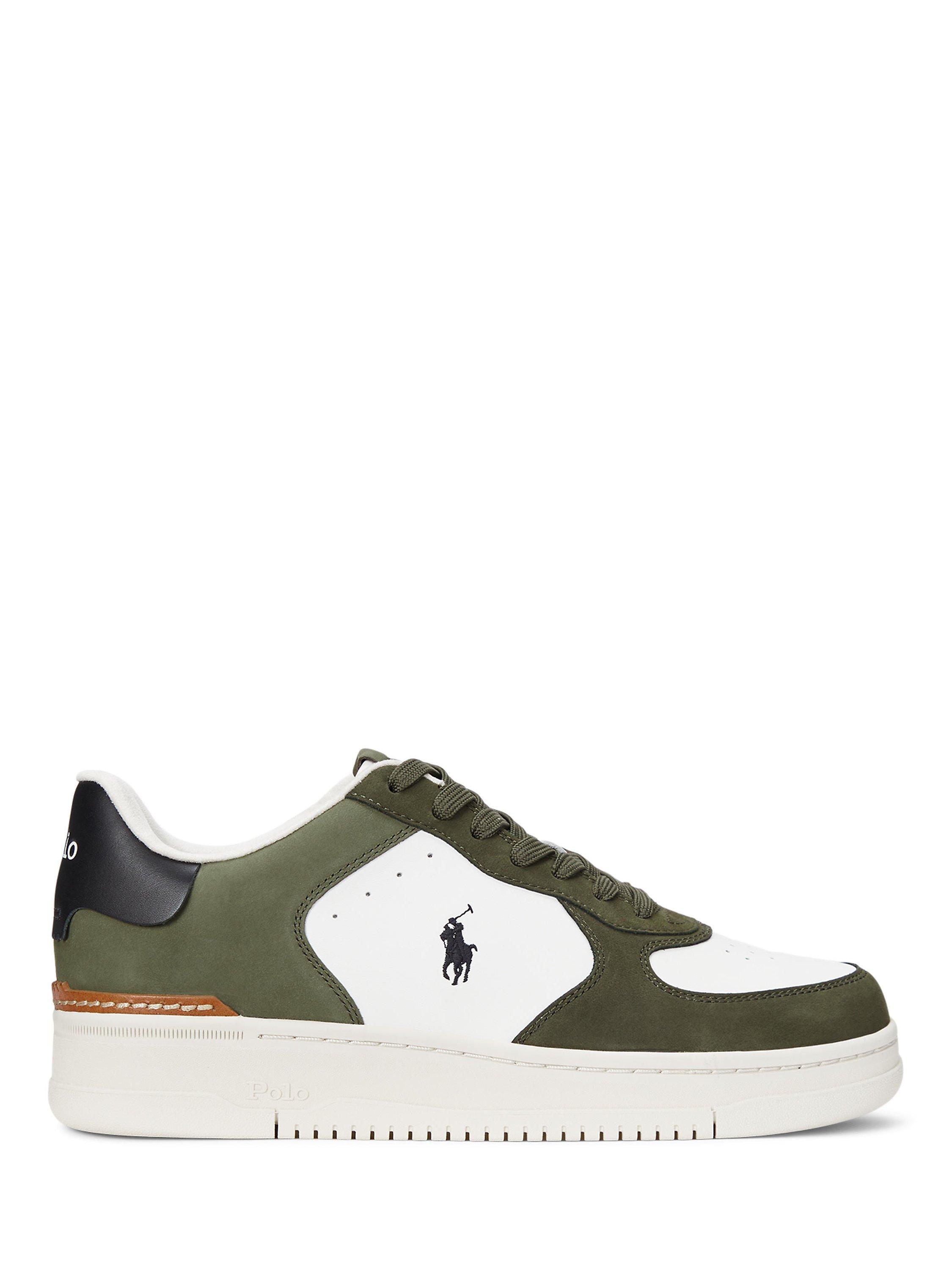 Product image 1 of 4, which shows Ralph Lauren Master Court Leather Trainers, White Olive, 7