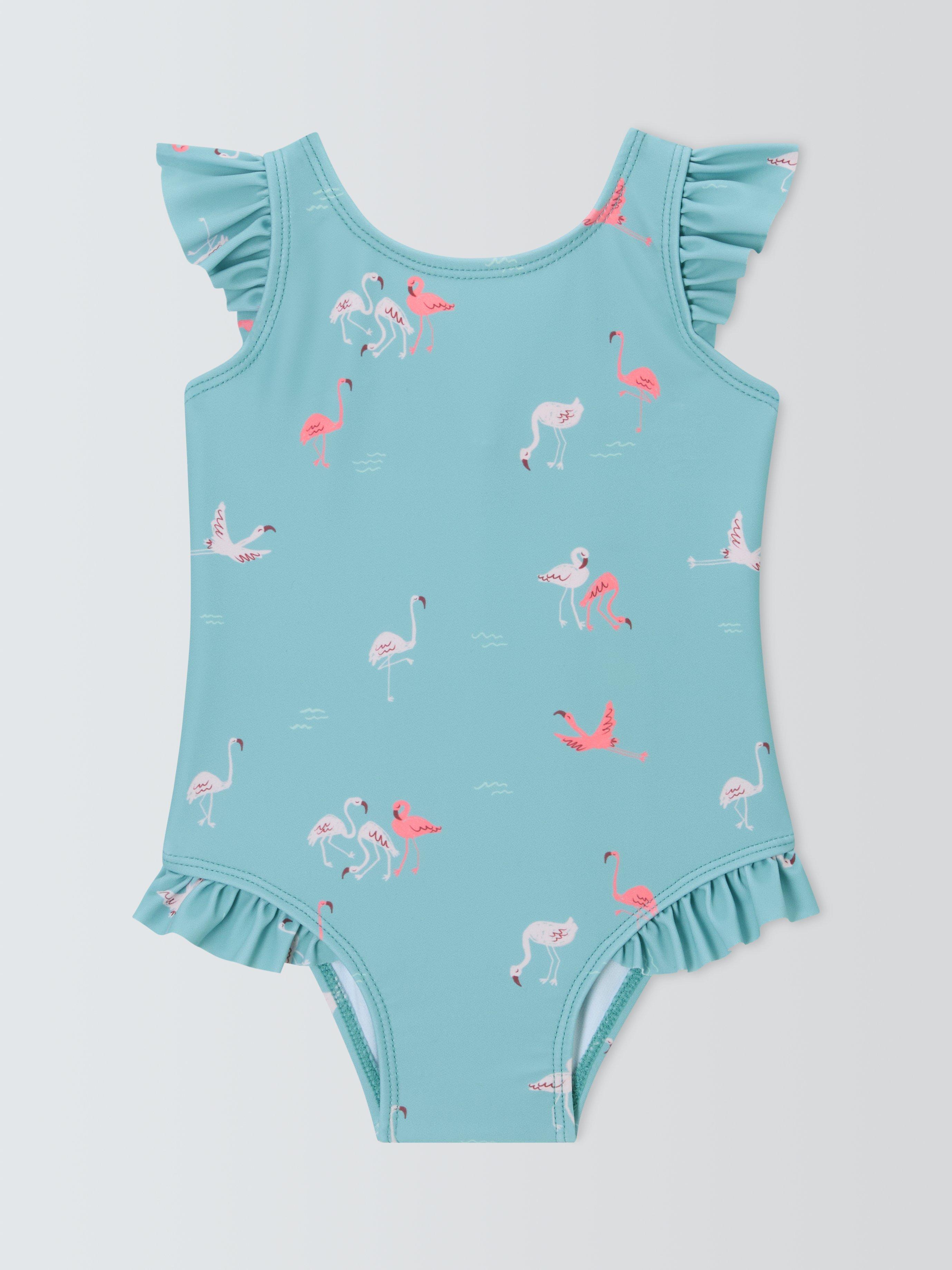Product image 1 of 3, which shows John Lewis Baby Flamingo Swimsuit, Green, 3-6 months
