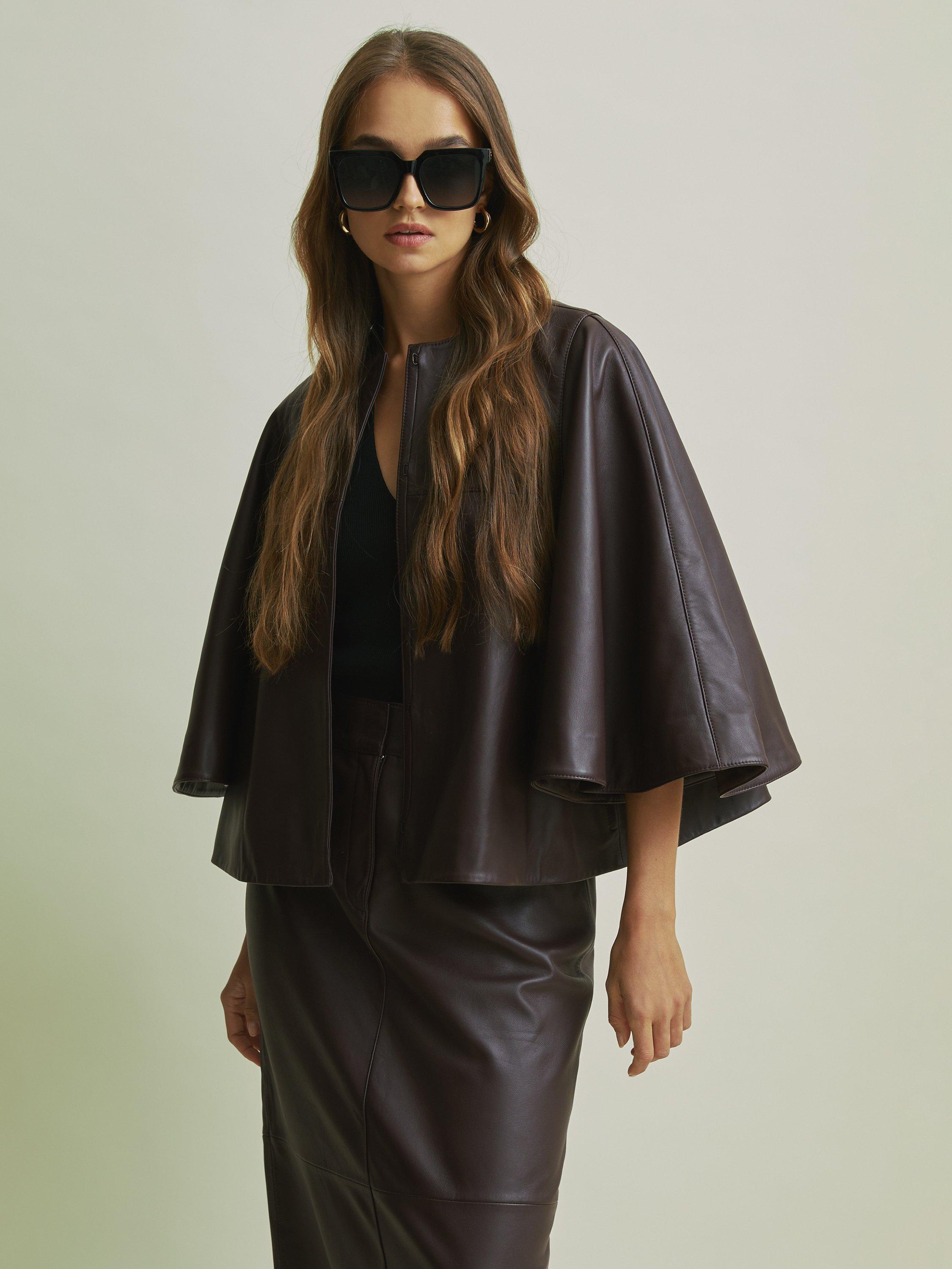 Reiss Leather Cape Mac, Burgundy