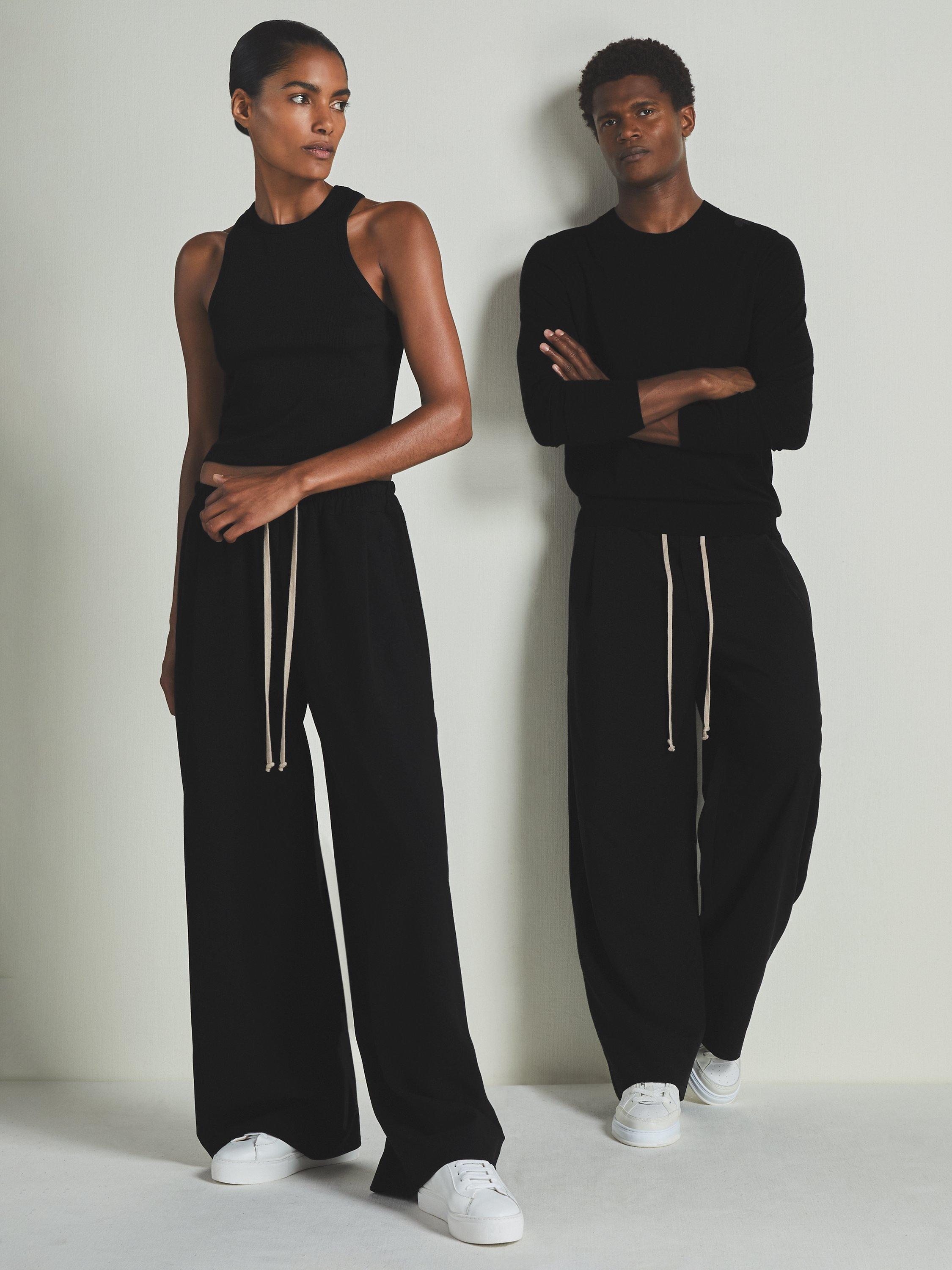 Reiss Les 100 Ciels Unisex Alex Wide Leg Drawstring Trousers, Black
