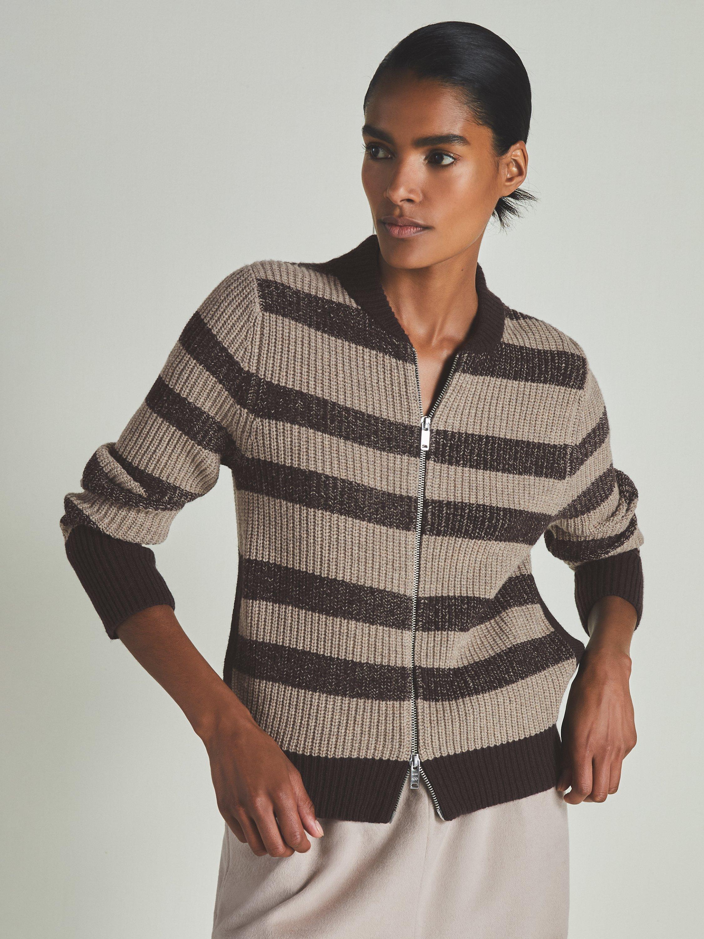 Reiss Axel Stripe Knit Zip Through Cardigan, Chocolate/Beige