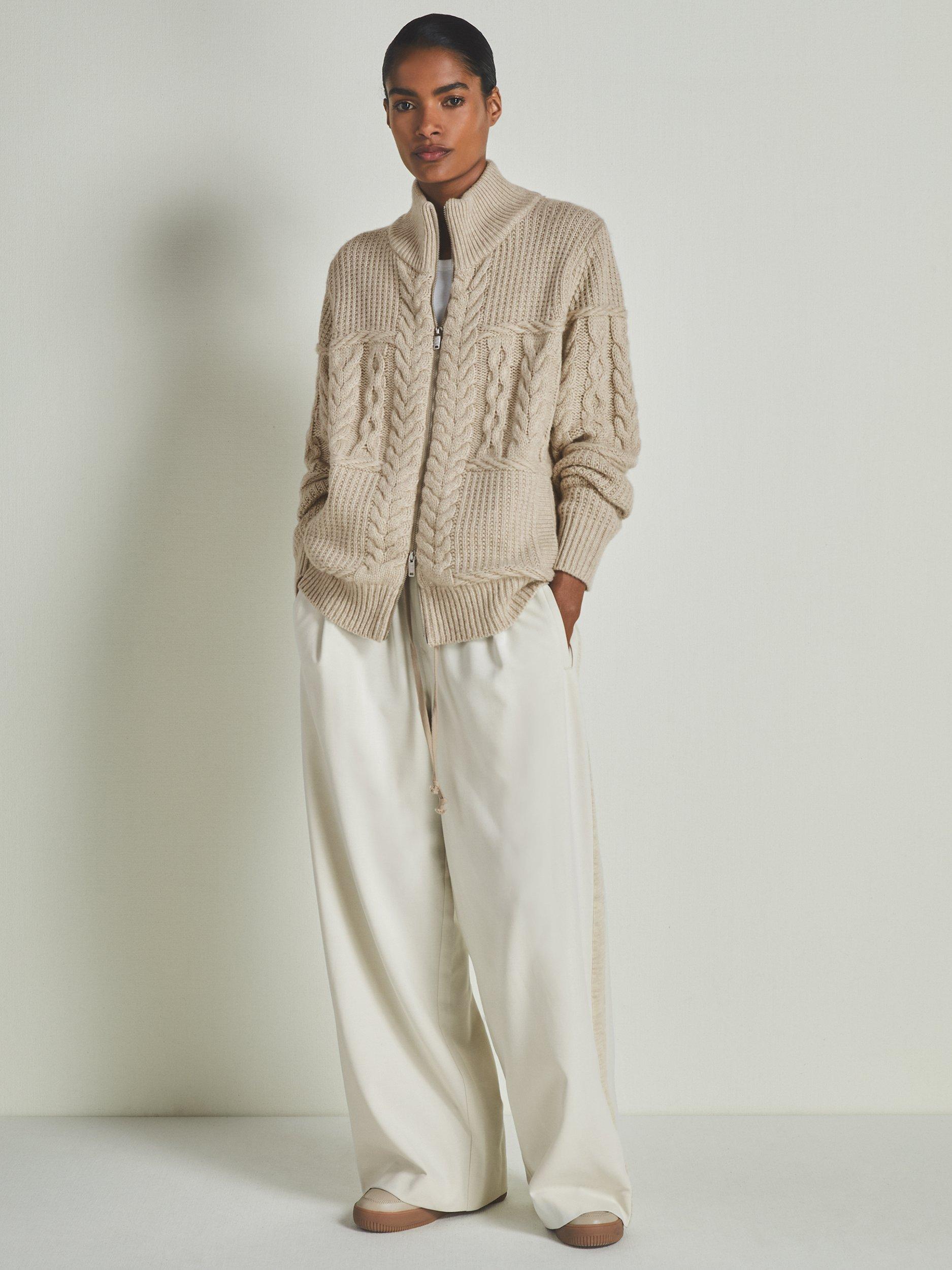 Reiss Austin Unisex Cable Knit Zip Cardigan Stone