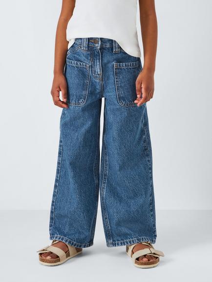 John Lewis Girl's Patch Pocket Wide Leg Jeans, Blue, Blue Denim