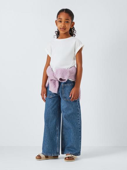 John Lewis Girl's Patch Pocket Wide Leg Jeans, Blue - view 2, Blue Denim