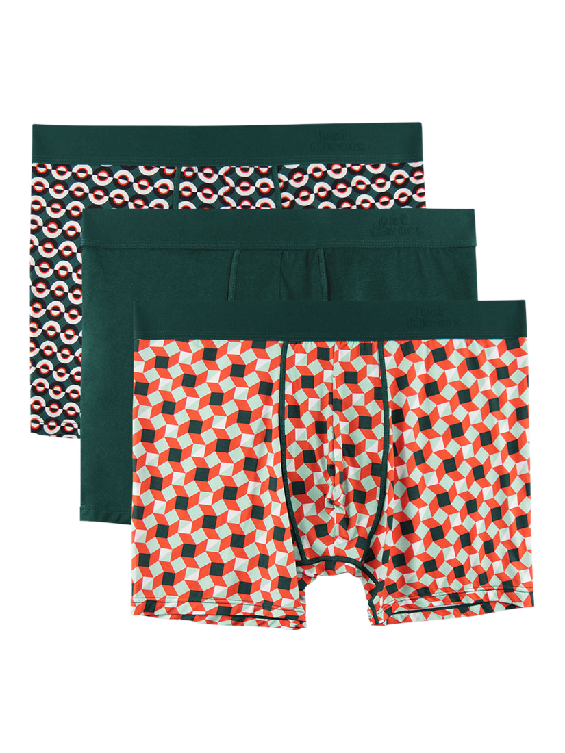 Product image 1 of 6, which shows JustWears Pro Boxers, Pack of 3, Graphic Geos Collection, Wavey/Rforest/Cross, S
