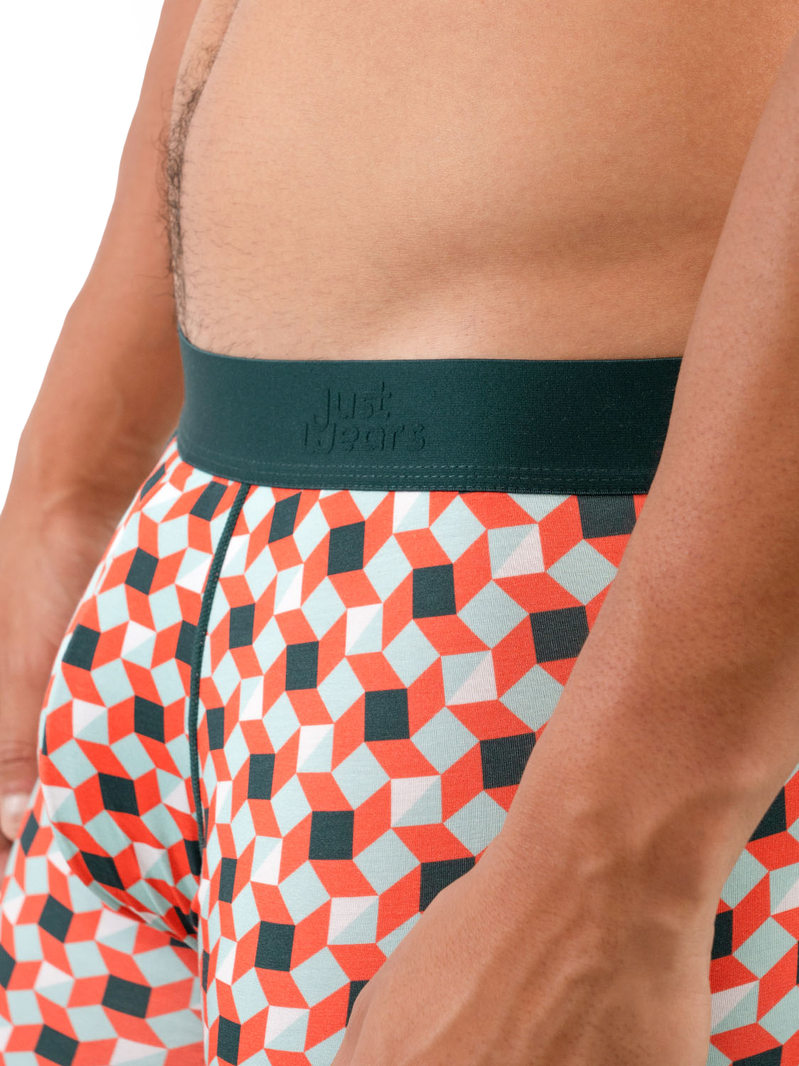 Product image 4 of 6, which shows JustWears Pro Boxers, Pack of 3, Graphic Geos Collection, Wavey/Rforest/Cross, S