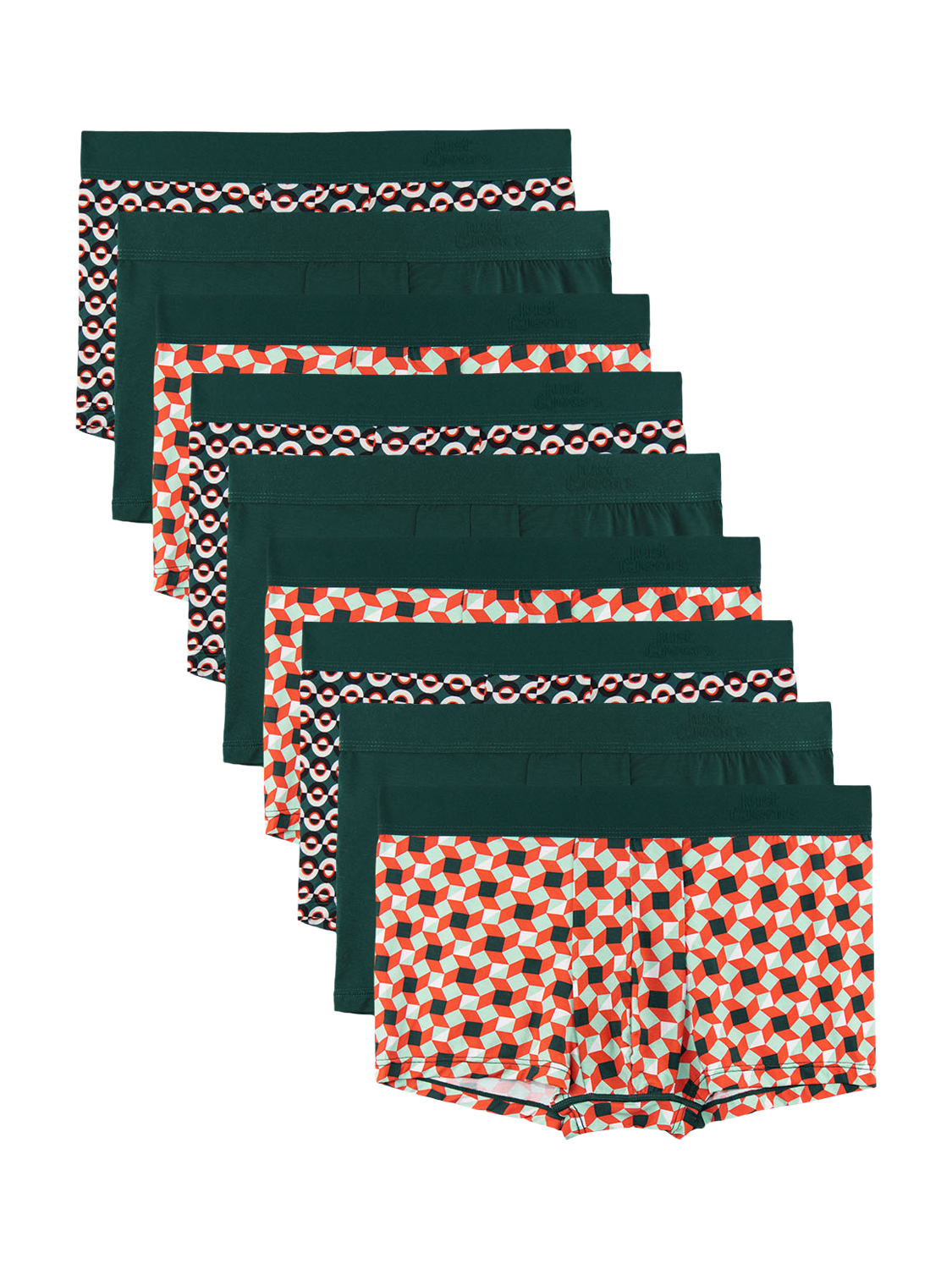 Product image 1 of 6, which shows JustWears Pro Trunks, Pack of 9, Graphic Geos Collection, Wavey/Rforest/Cross, S