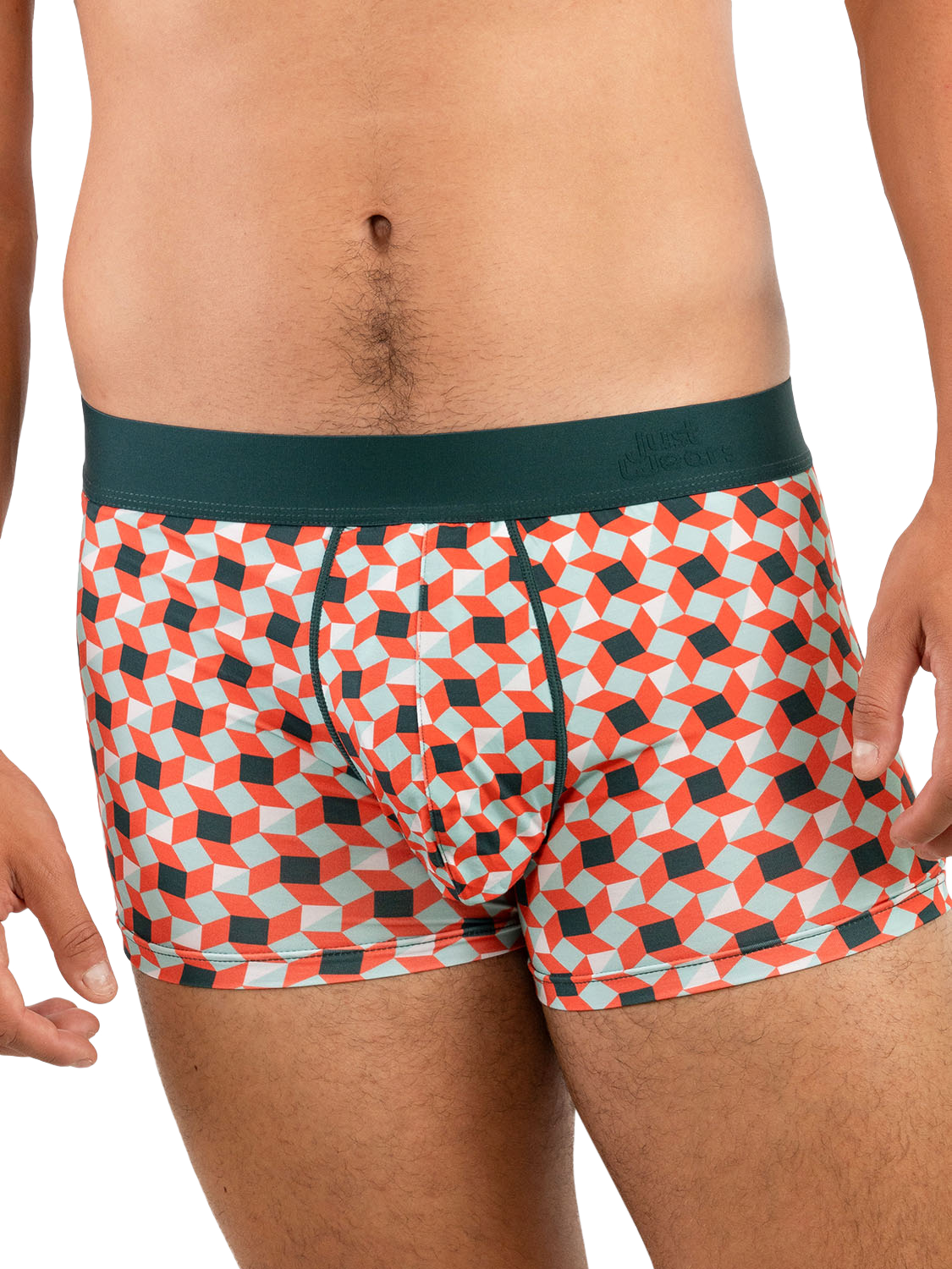 Product image 4 of 6, which shows JustWears Pro Trunks, Pack of 9, Graphic Geos Collection, Wavey/Rforest/Cross, S