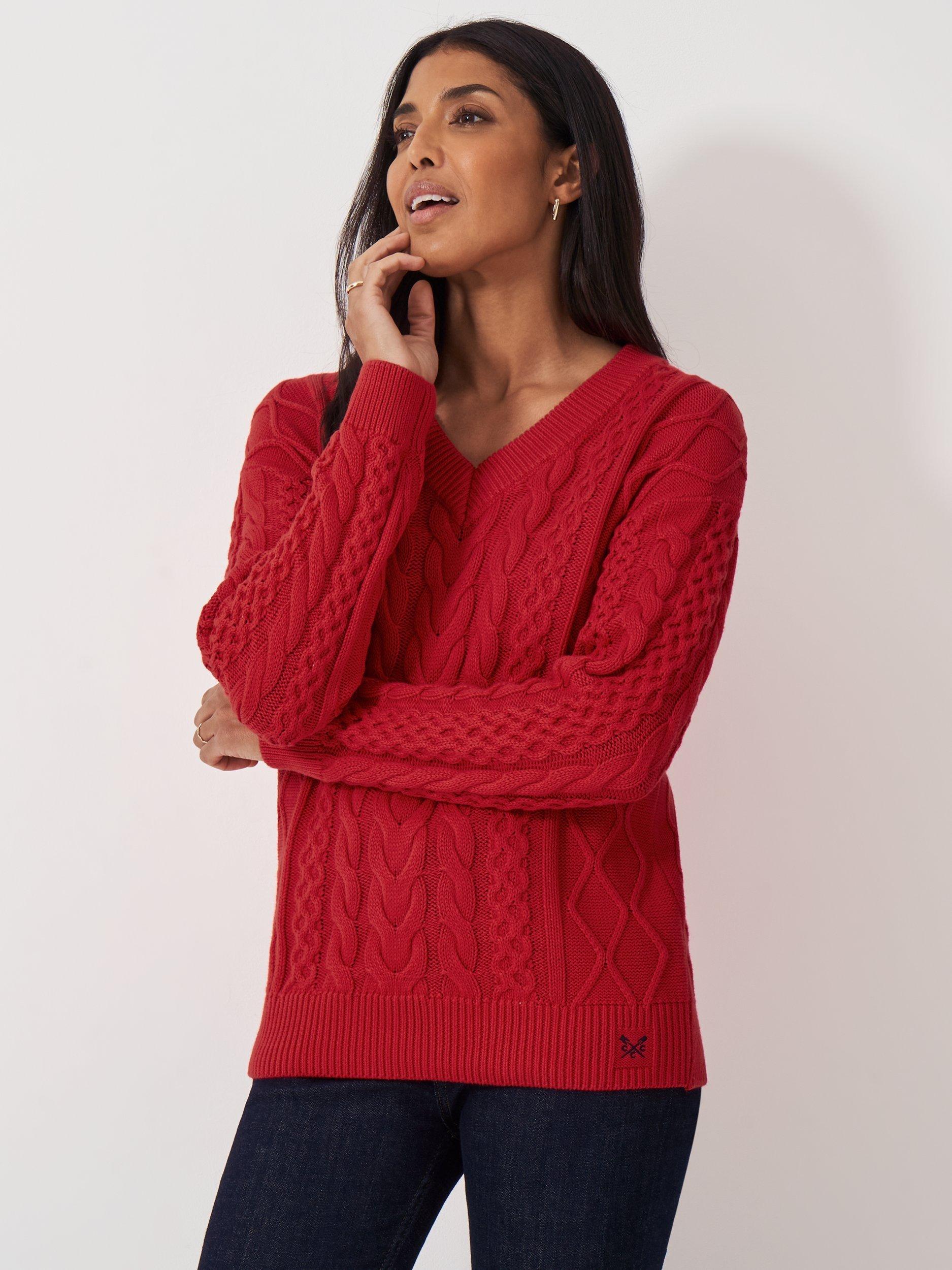 Crew Clothing Cable Knit V-Neck Jumper, Bright Red
