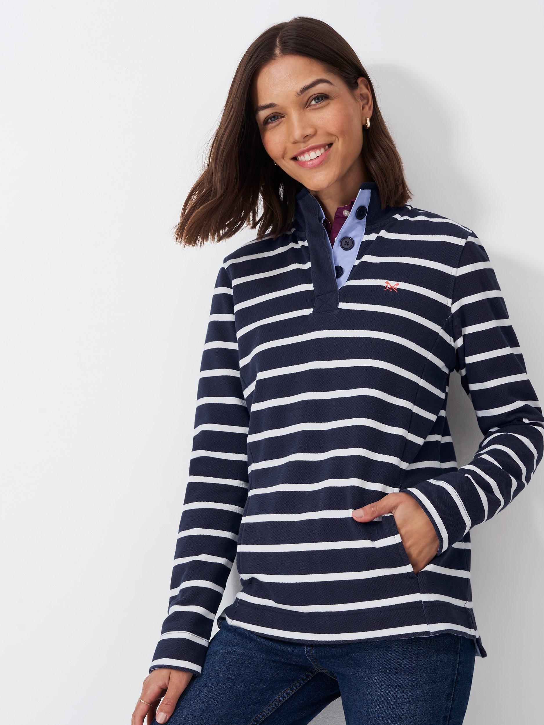 Product image 1 of 5, which shows Crew Clothing Stripe Funnel Neck Jumper, Navy/White, 8