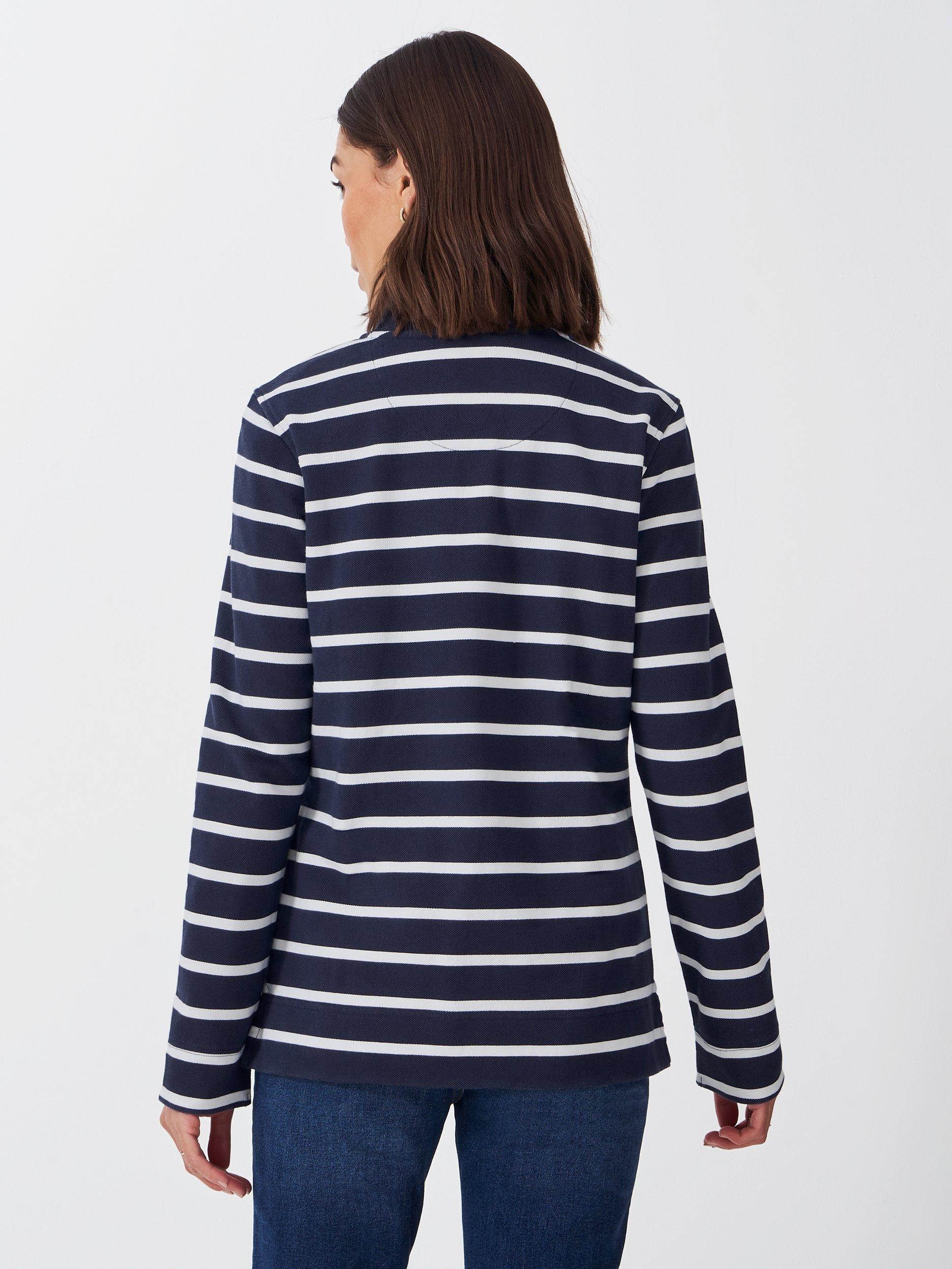 Product image 2 of 5, which shows Crew Clothing Stripe Funnel Neck Jumper, Navy/White, 8