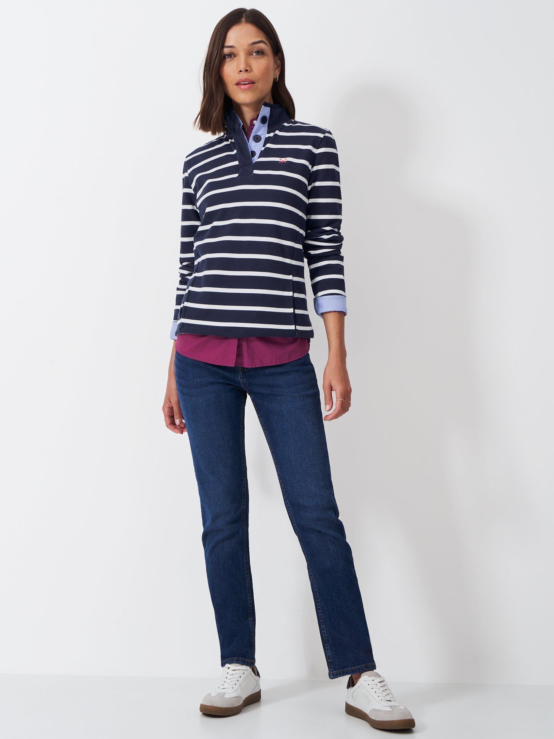 Product image 3 of 5, which shows Crew Clothing Stripe Funnel Neck Jumper, Navy/White, 8