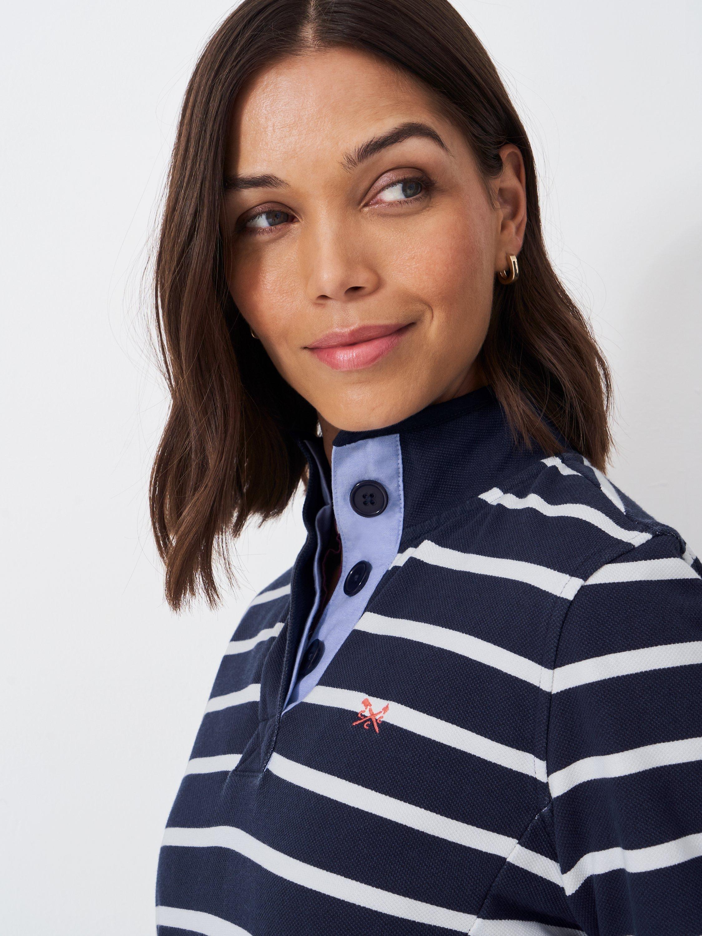 Product image 4 of 5, which shows Crew Clothing Stripe Funnel Neck Jumper, Navy/White, 8