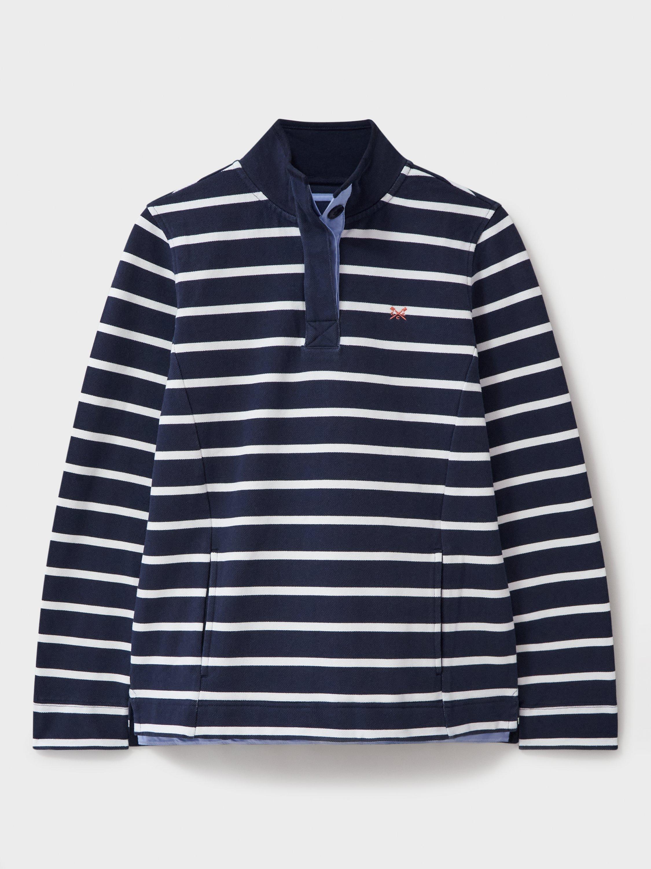 Product image 5 of 5, which shows Crew Clothing Stripe Funnel Neck Jumper, Navy/White, 8