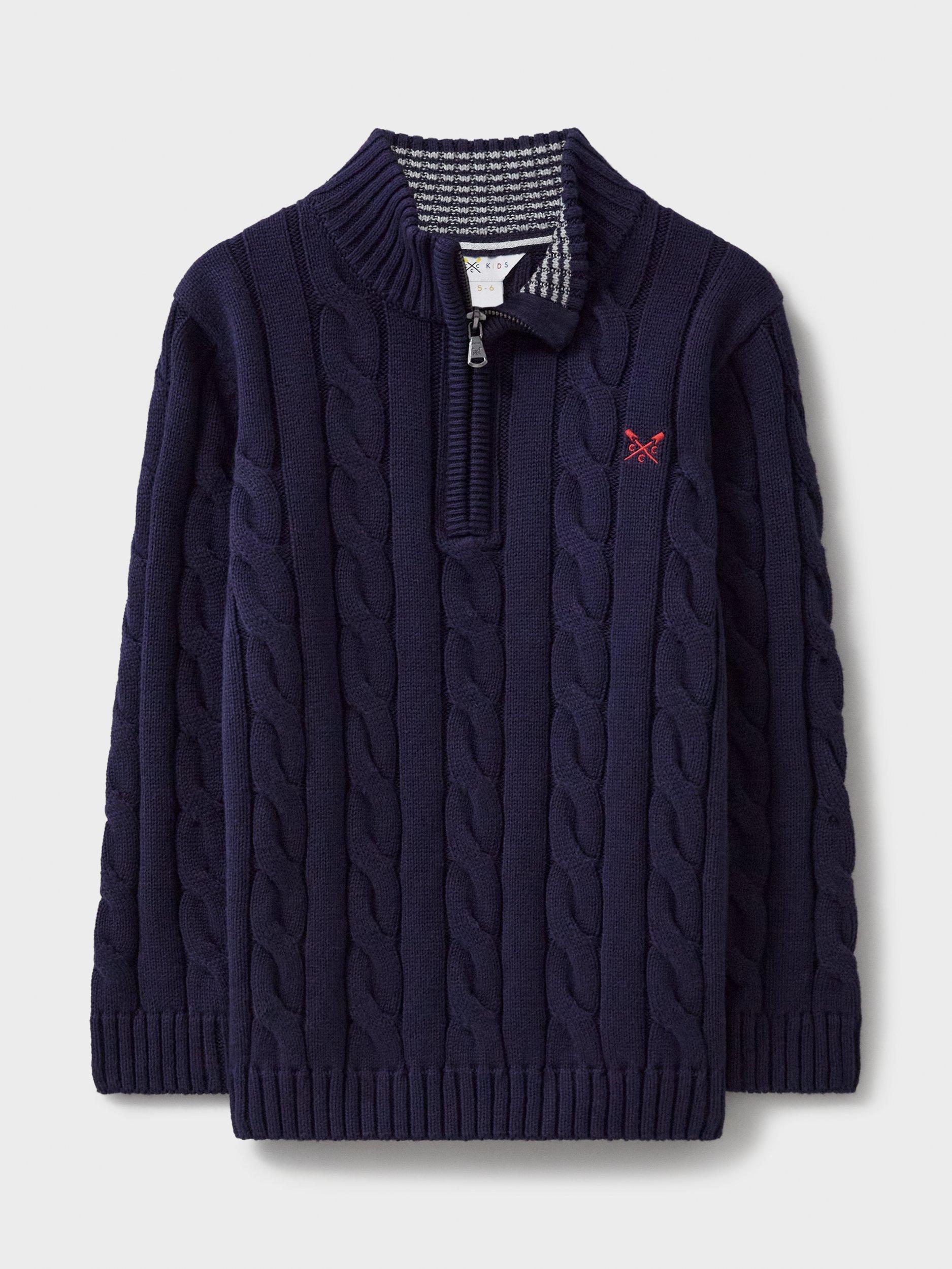 Crew Clothing Kids' Cable Knit Half Zip Jumper, Dark Blue