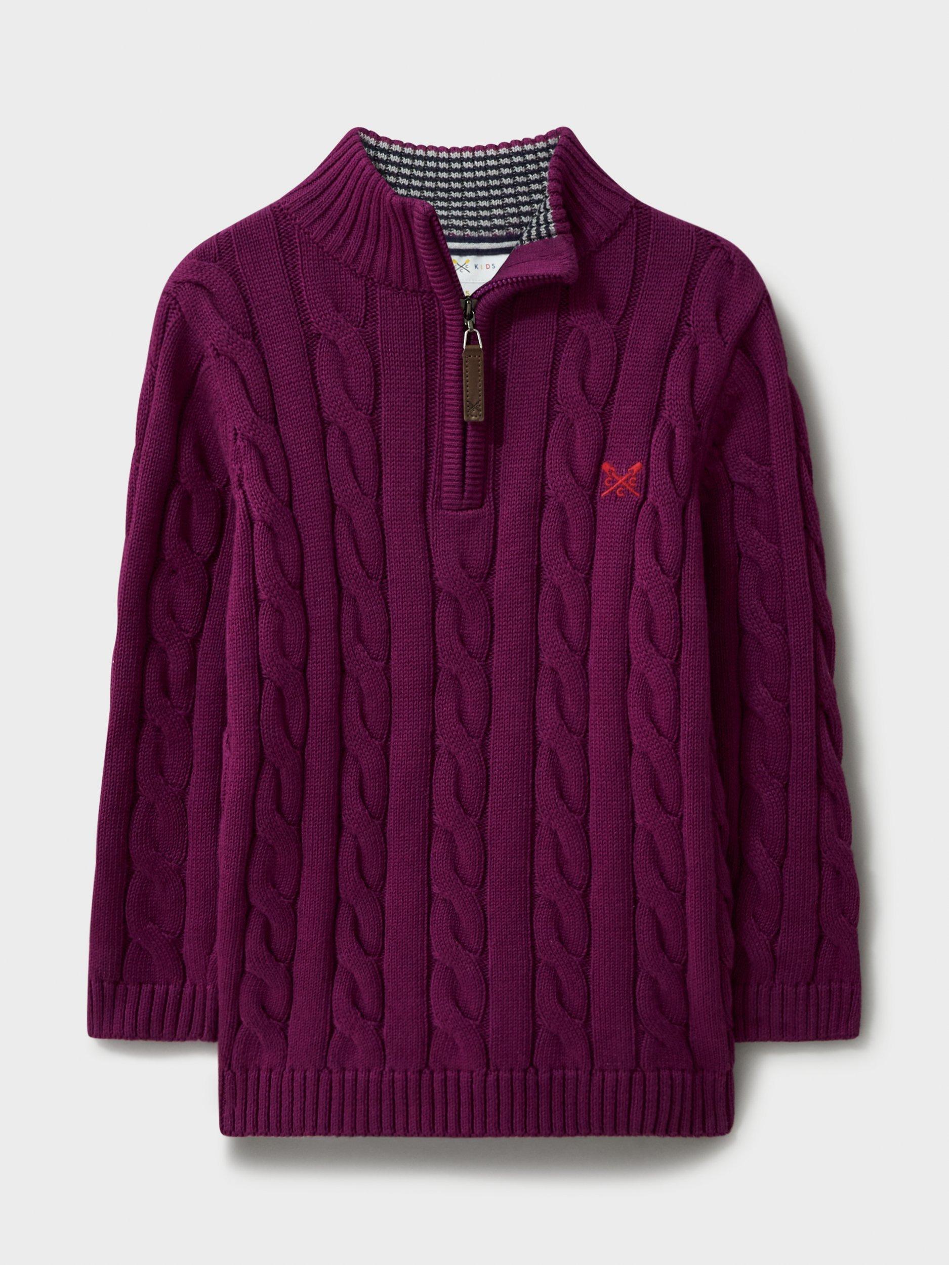 Crew Clothing Kids' Cable Knit Half Zip Jumper, Dark Blue, Red Wine