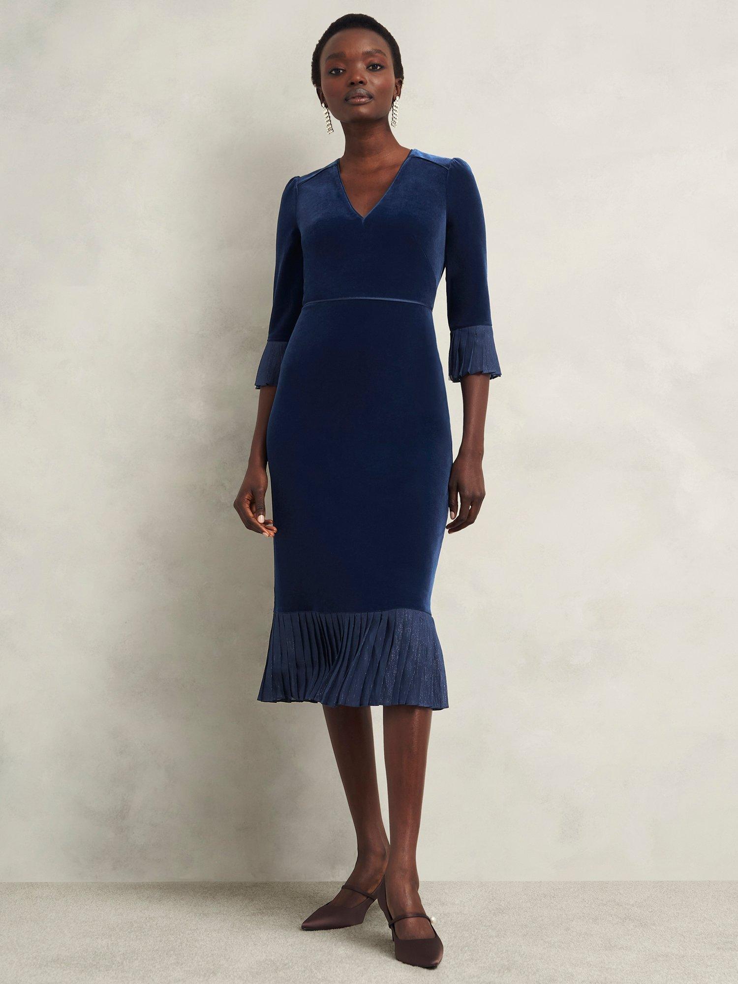 Product image 1 of 6, which shows Hobbs Mary Velvet Dress, Riverside Blue, 10