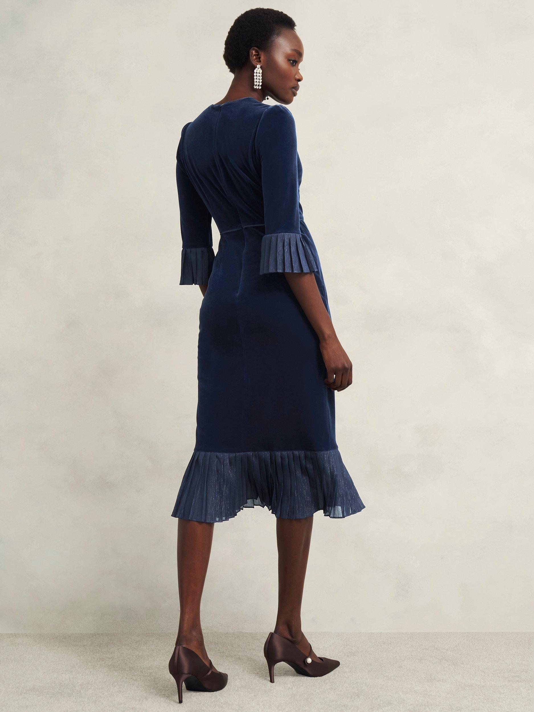 Product image 2 of 6, which shows Hobbs Mary Velvet Dress, Riverside Blue, 10