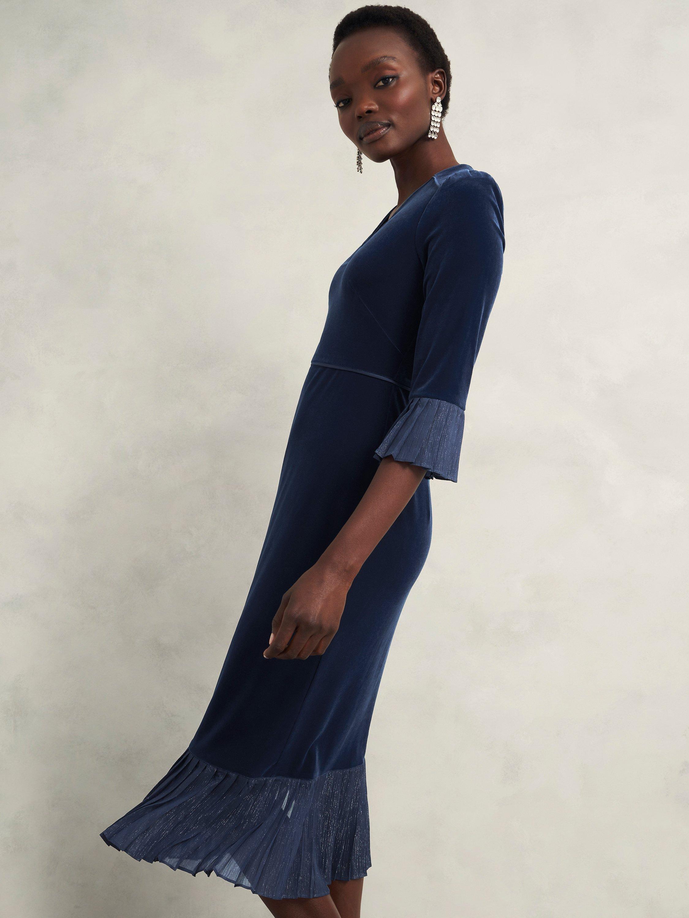 Product image 6 of 6, which shows Hobbs Mary Velvet Dress, Riverside Blue, 10