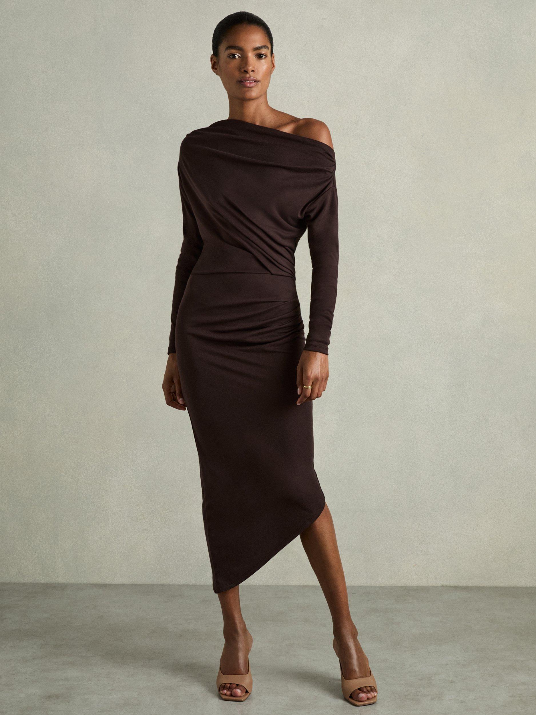 Reiss Fleur Off-The-Shoulder Ruched Jersey Midi Dress, Brown